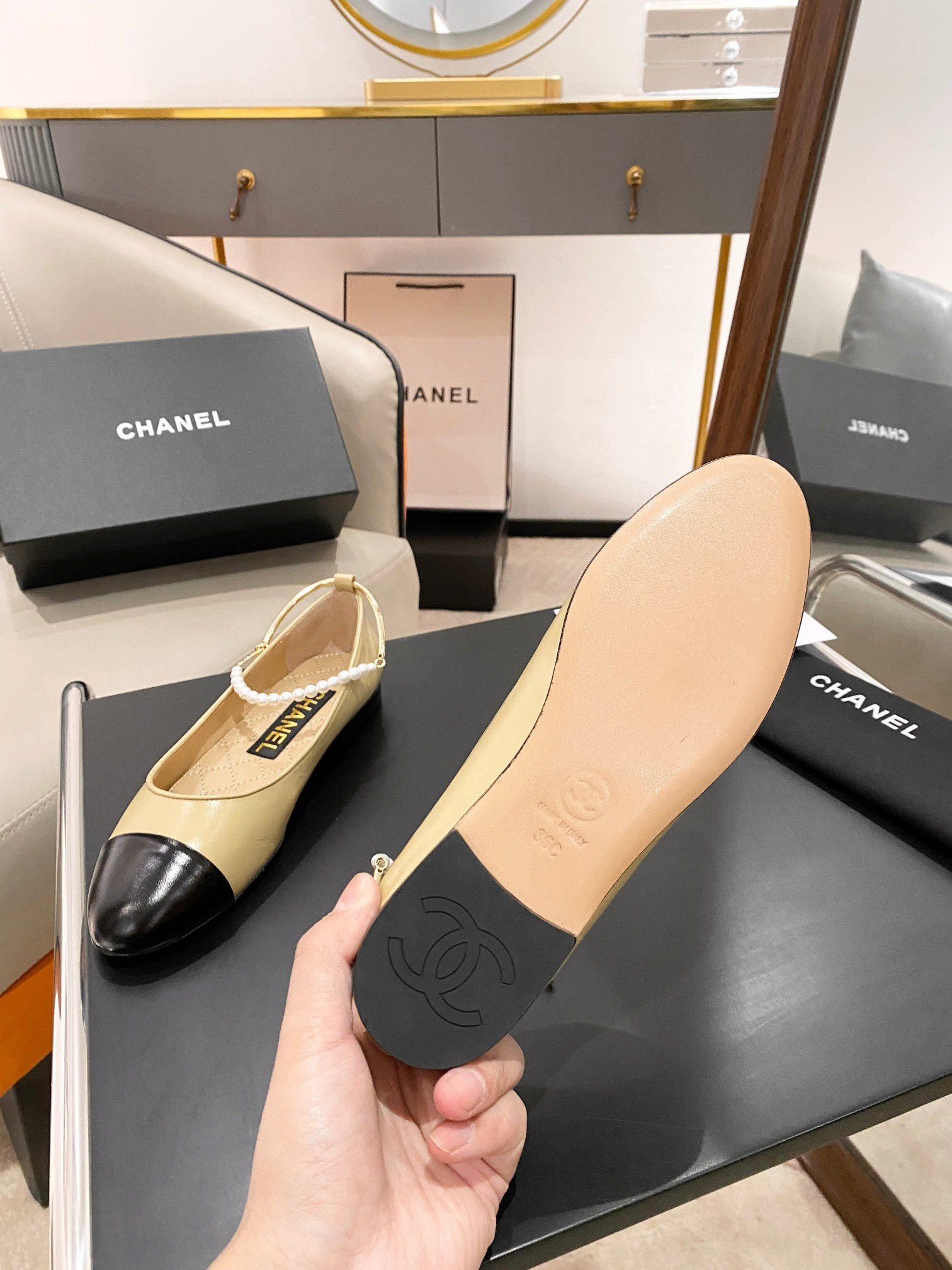 Ch**el Ballerina Logo Shoes Beige For Women