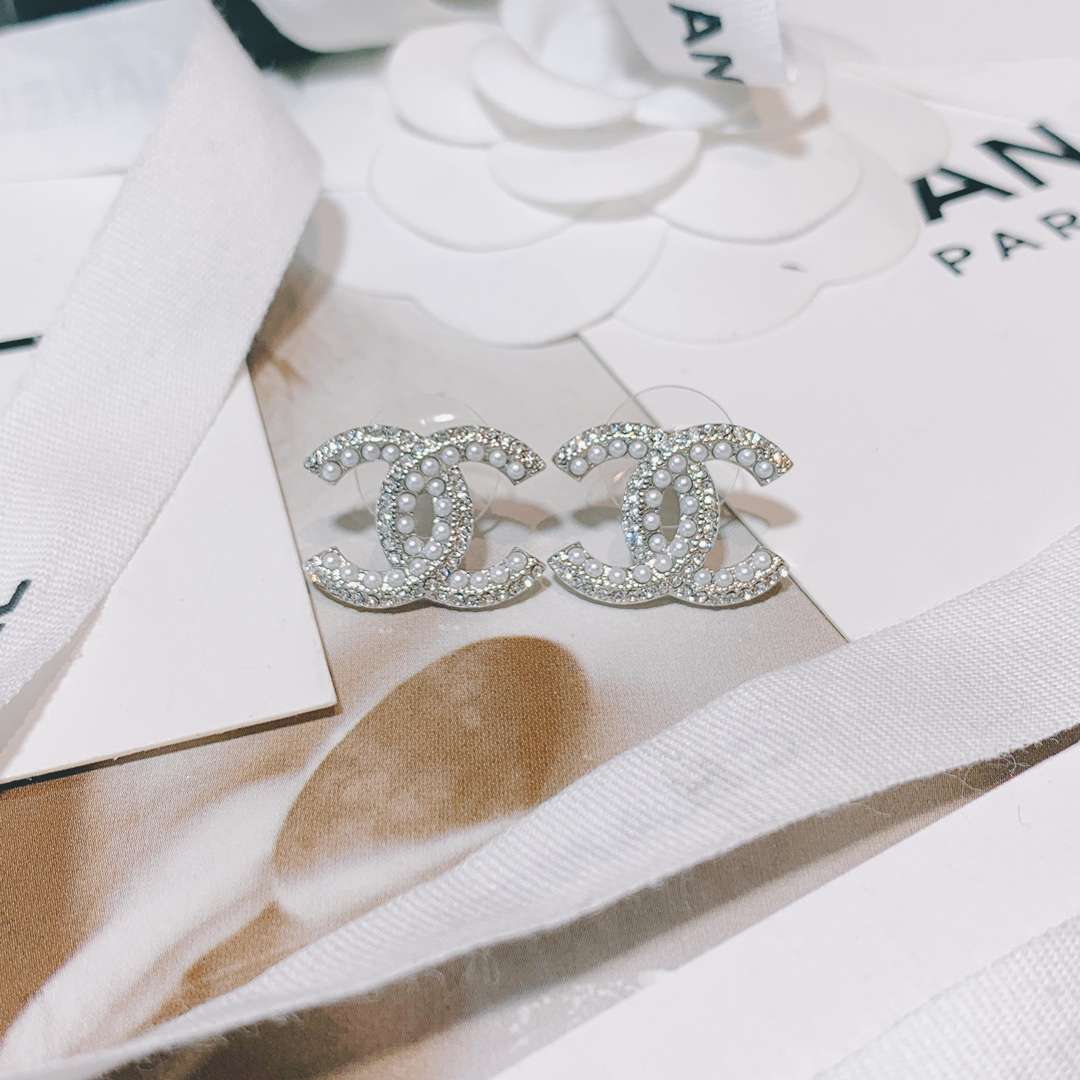 Ch**el Rhinestone Double C Earrings Silver For Women