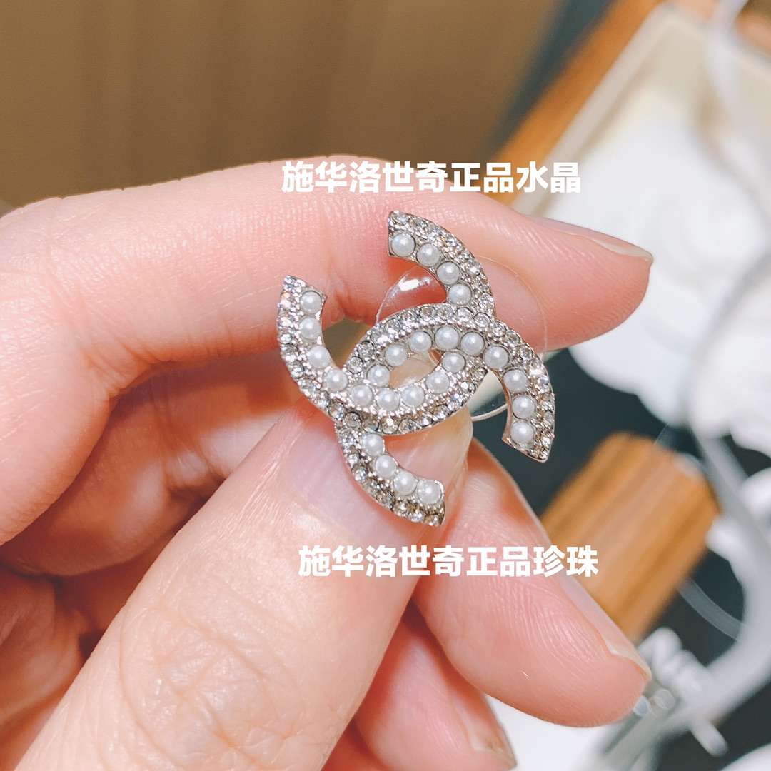 Ch**el Rhinestone Double C Earrings Silver For Women