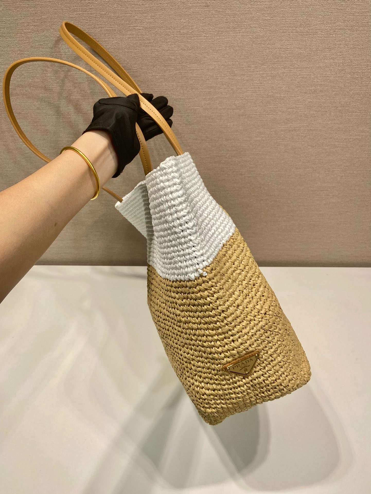 Pra*a Raffia Tote Bag Beige For Women 15in/38cm 1BG442_2DJS_F0N86_V_OOO