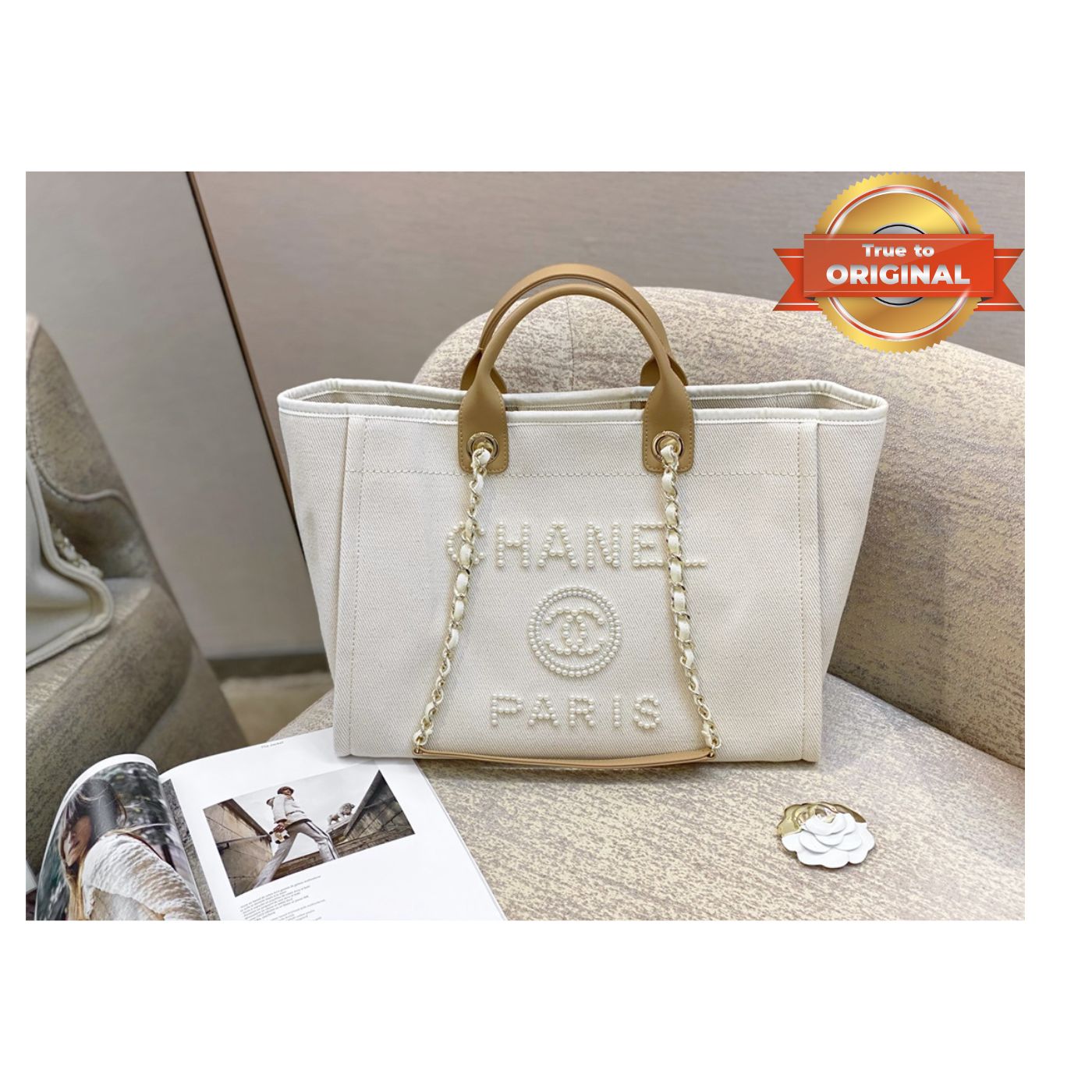 [True-to-ORIGINAL] Ch**el Large Deauville Pearl Tote Bag White For Women 15in/38cm A66941