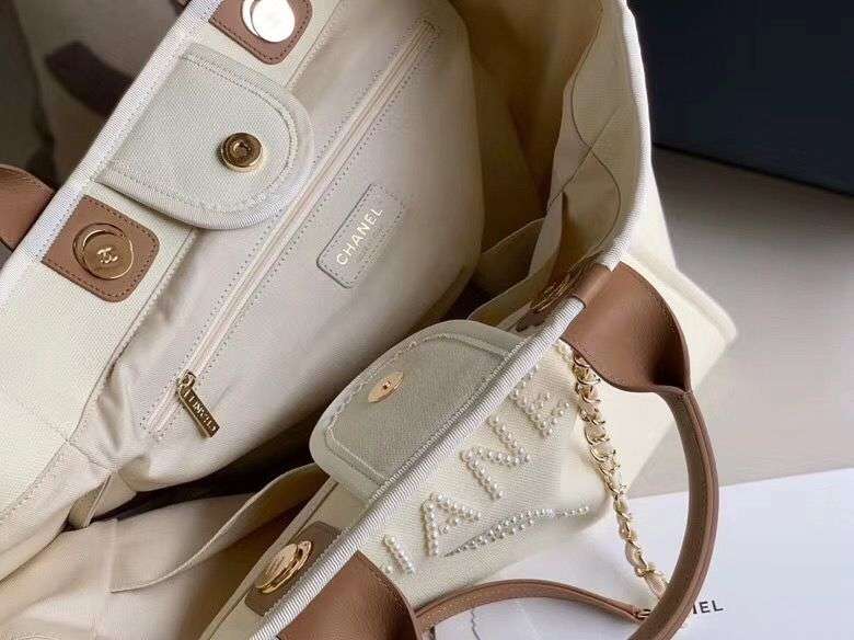 Ch**el Large Deauville Pearl Tote Bag White For Women 15in/38cm A66941