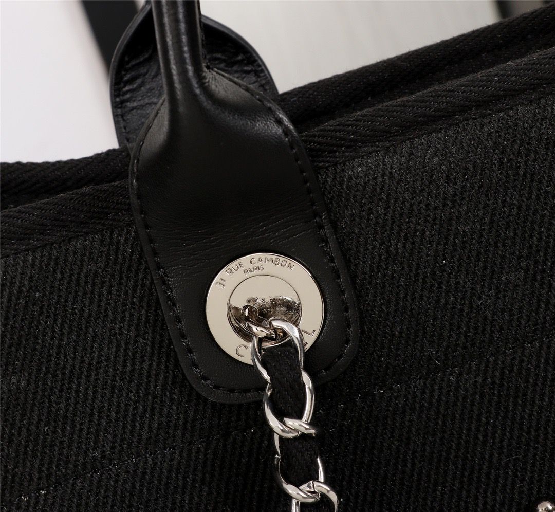 Ch**el Large Deauville Pearl Tote Bag Black For Women 15in/38cm A66941