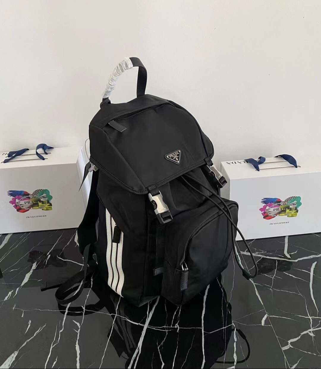 Pra*a Re-Nylon And Saffiano Backpack Black For Men 45cm / 17.7in 2VZ135_2DMG_F0002_V_HOL