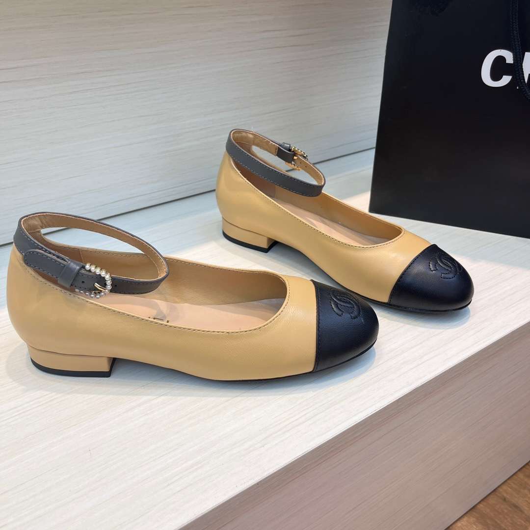 Ch**el Round Toe Flats Buckle Strap Pearl Beige For Women