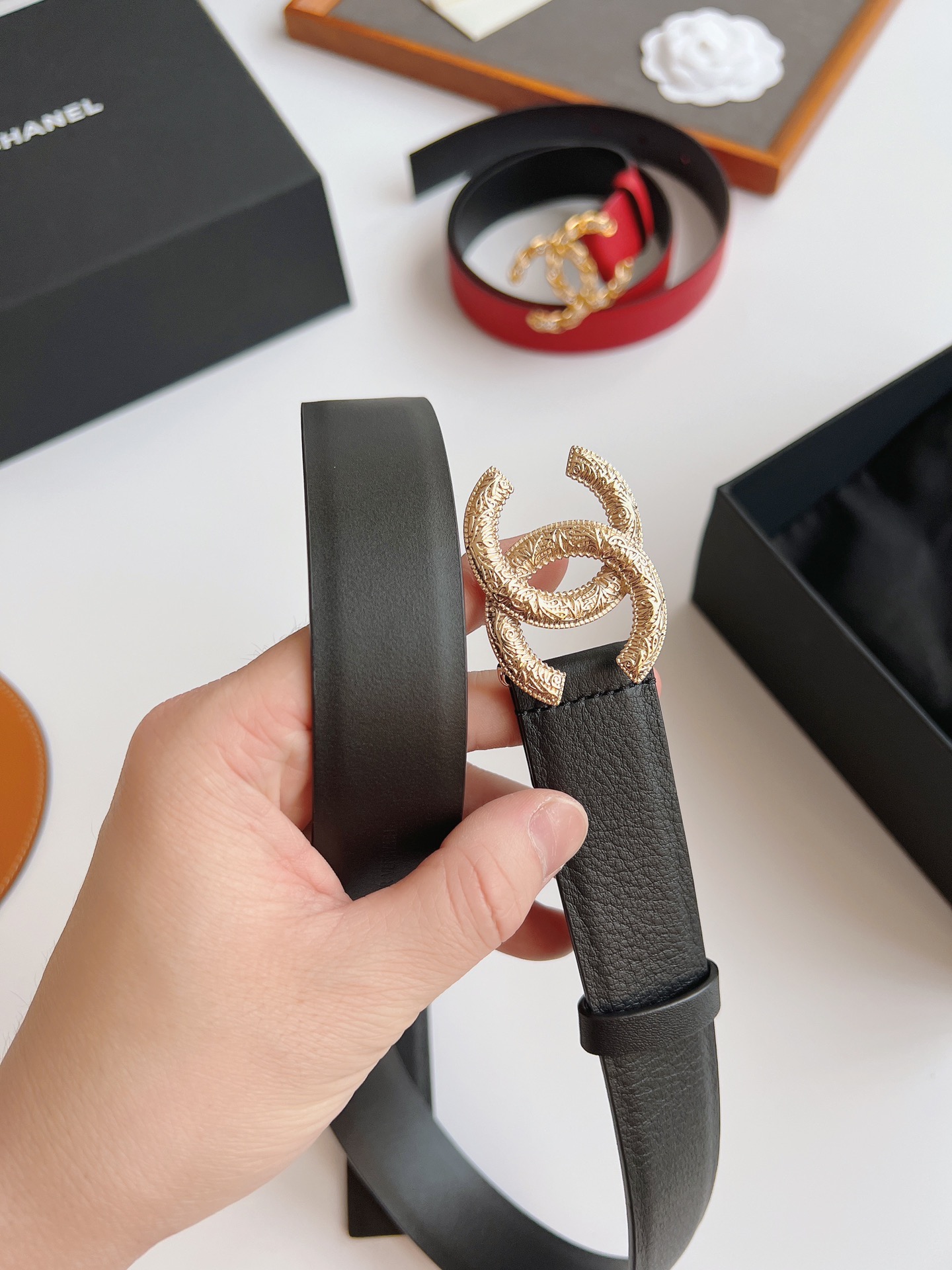 Ch**el Attach Stone Metal CC Belt Black For Women