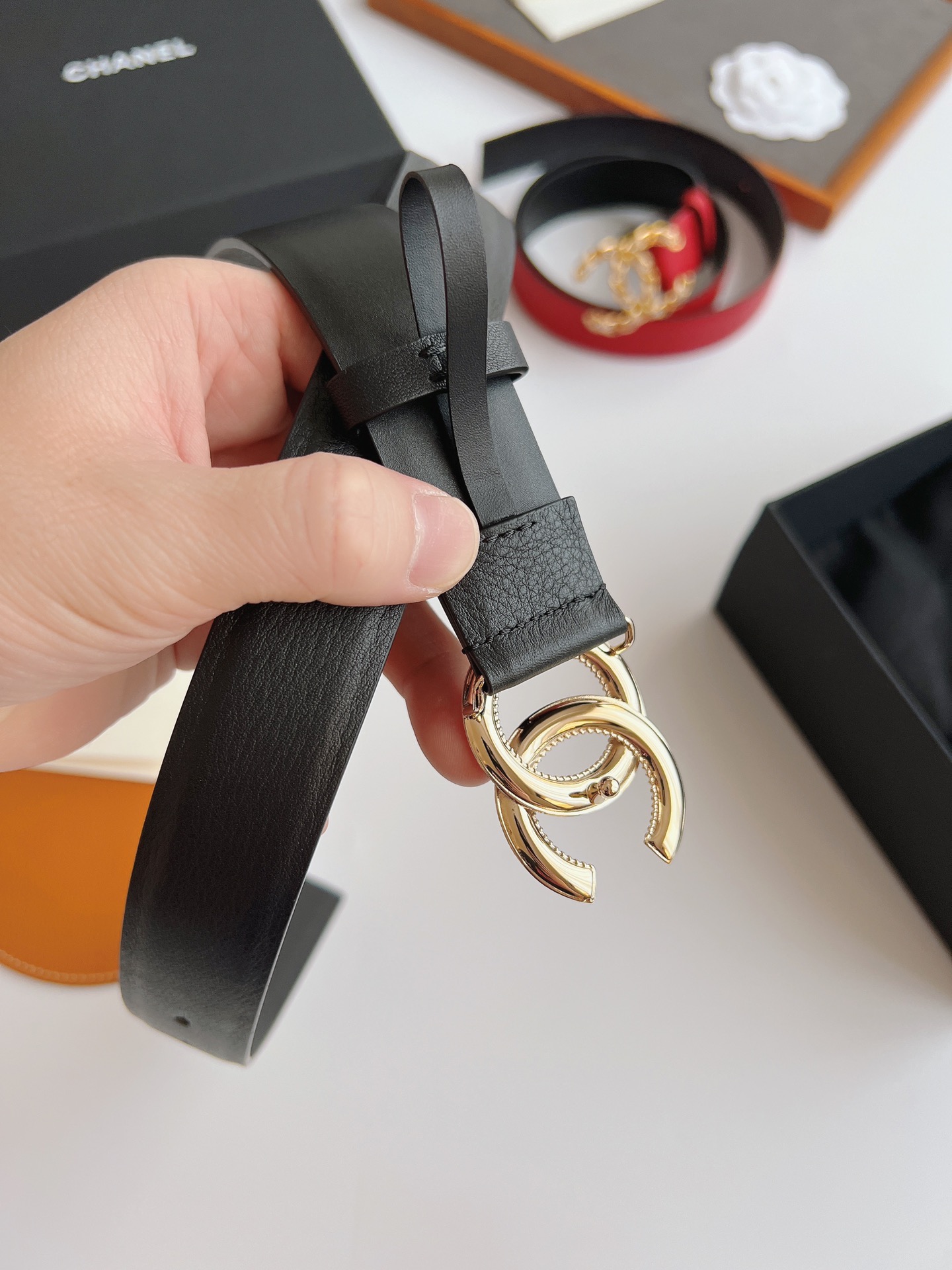 Ch**el Attach Stone Metal CC Belt Black For Women