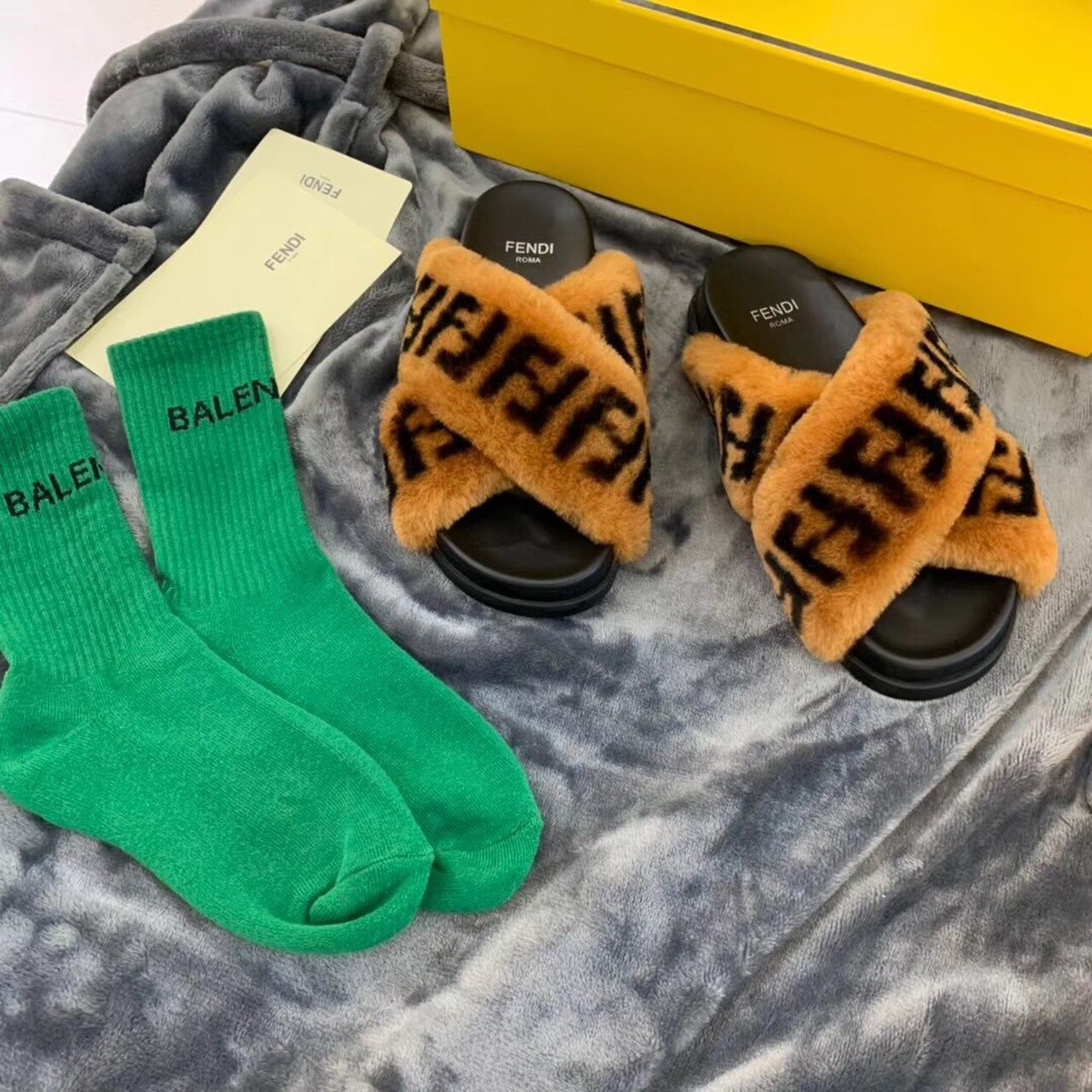 F**di Shearling FF Logo Leather & Dyed Shearling Fur Cross Slides Fall/Winter 2019 Collection, Black/Brown