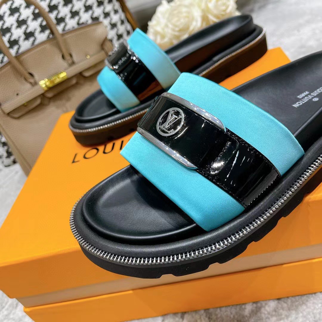 L0vis Vvtt0n Women’s Pool Pillow Flat Comfort Mule Blue For Women LV