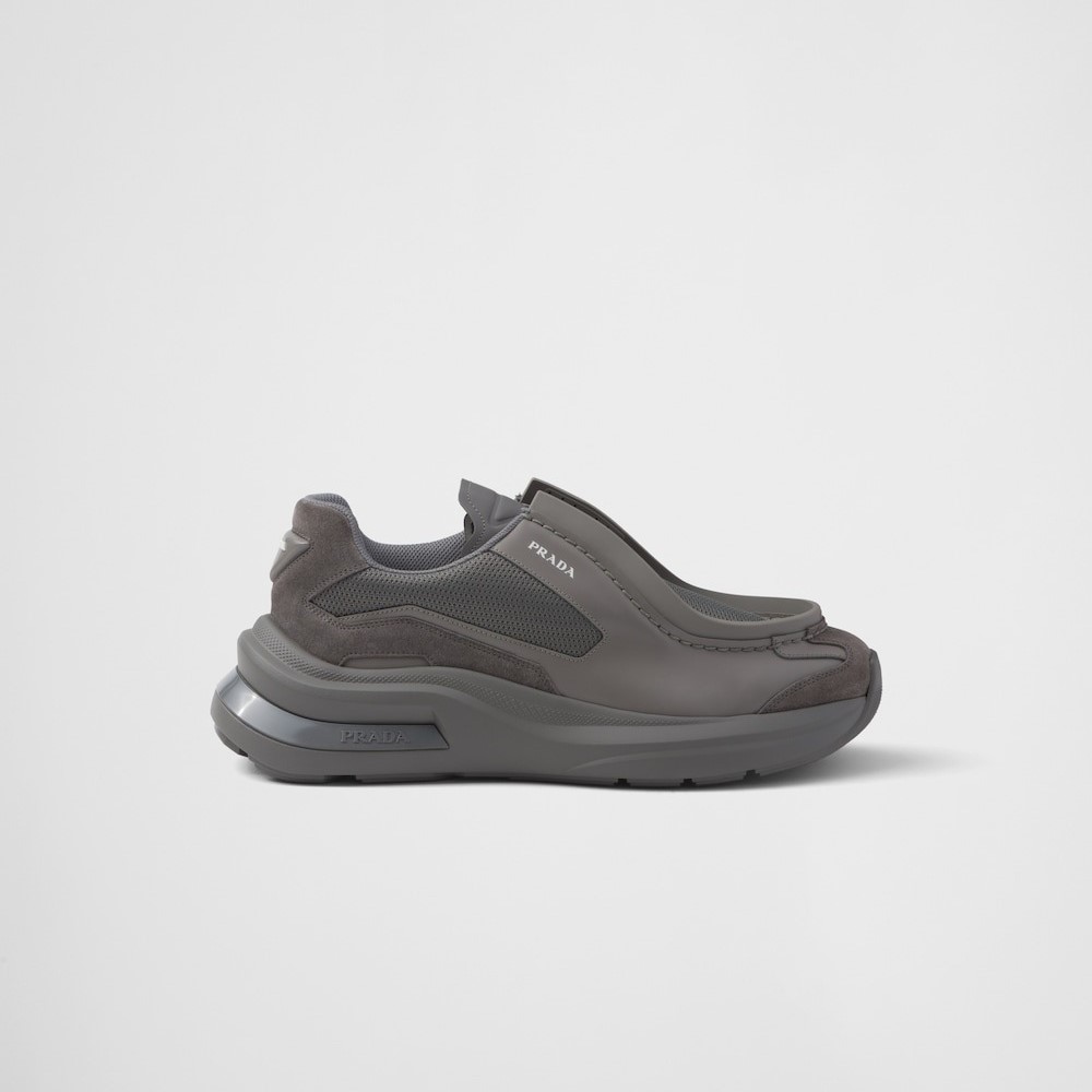 Pra*a Systeme Brushed Leather Sneakers With Bike Fabric And Suede Marble Gray For Men 2EG424_3C37_F0DWG