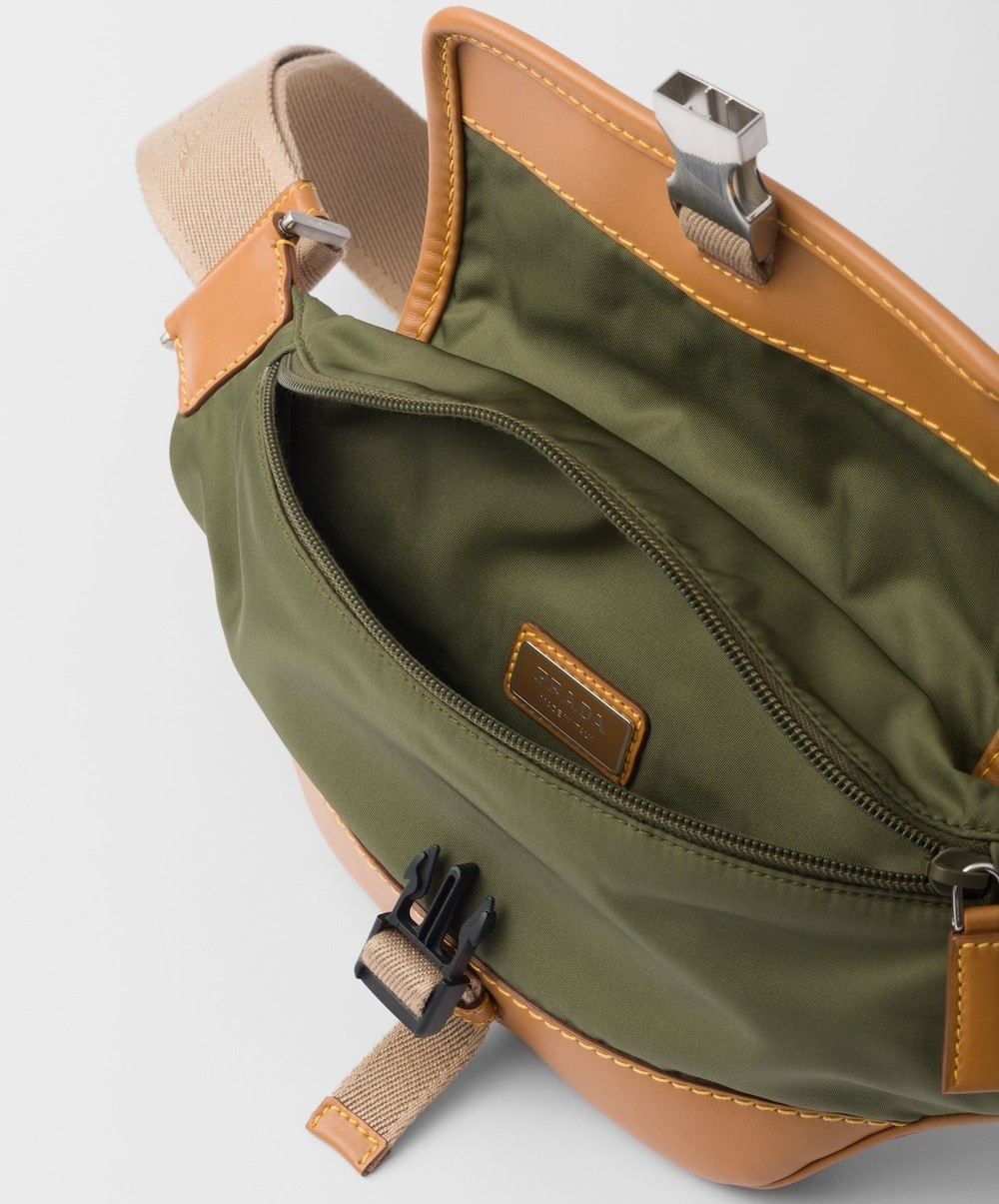Pra*a Re-Nylon And Leather Shoulder Bag Military/Caramel For Men 7.1in/18cm 2VH176_2CX2_F03UQ_V_OOO