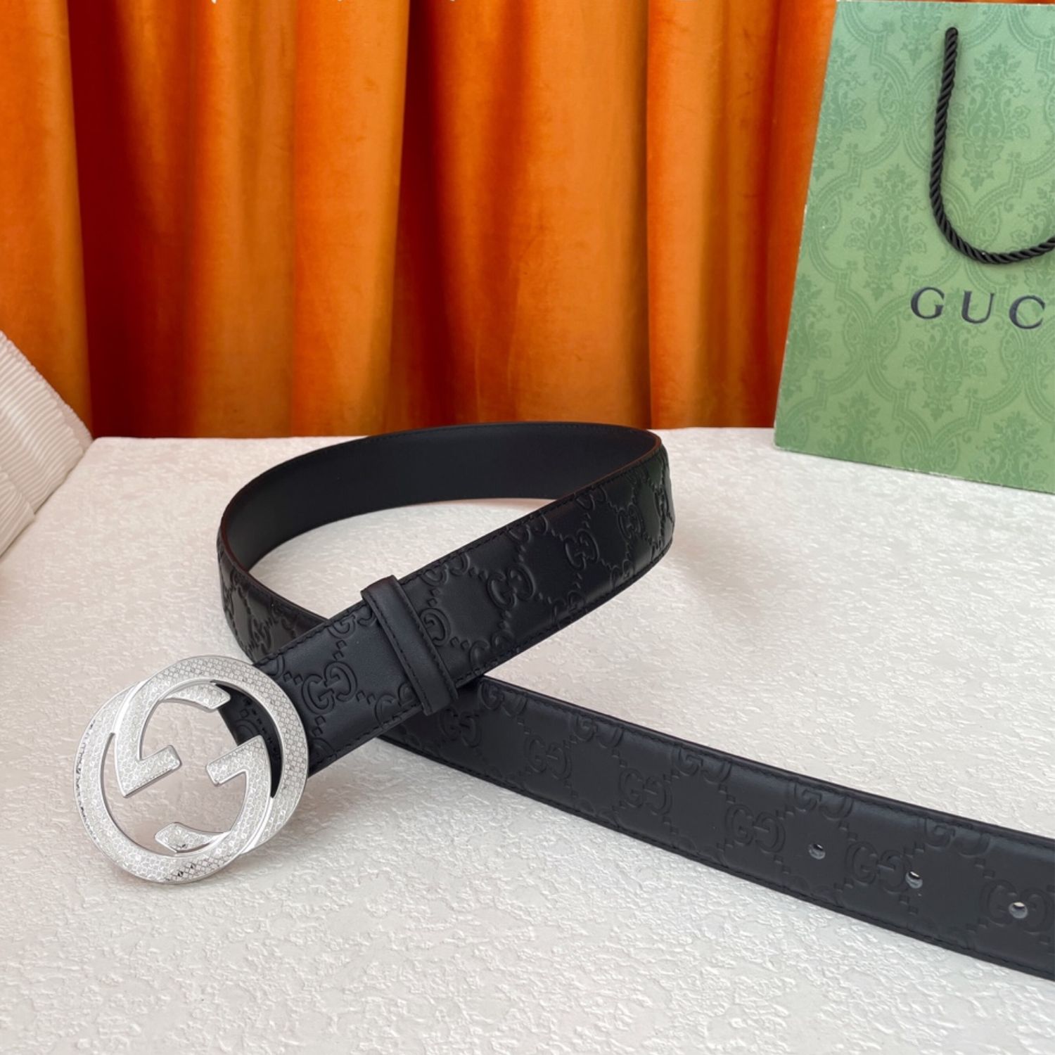 Gvc*1 Iconic GG Buckle Belt Embossed Black With Silver Bling Buckle 40mm