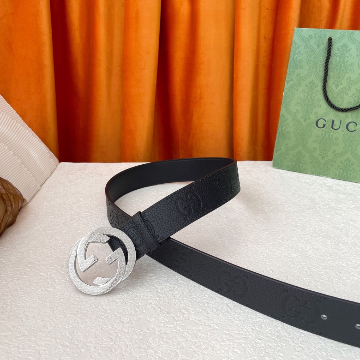 Gvc*1 GG Pebbled Monogram Belt Black With Silver Crystal Buckle 40mm