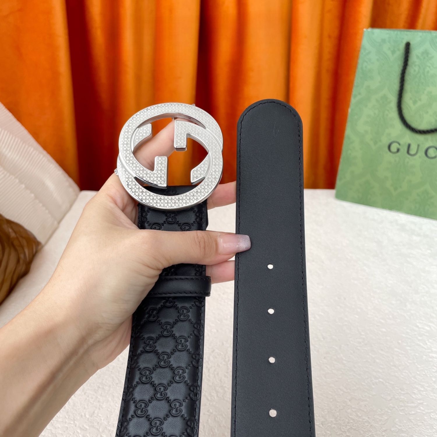 Gvc*1 Monogram Belt Black With Silver Crystal Buckle 40mm