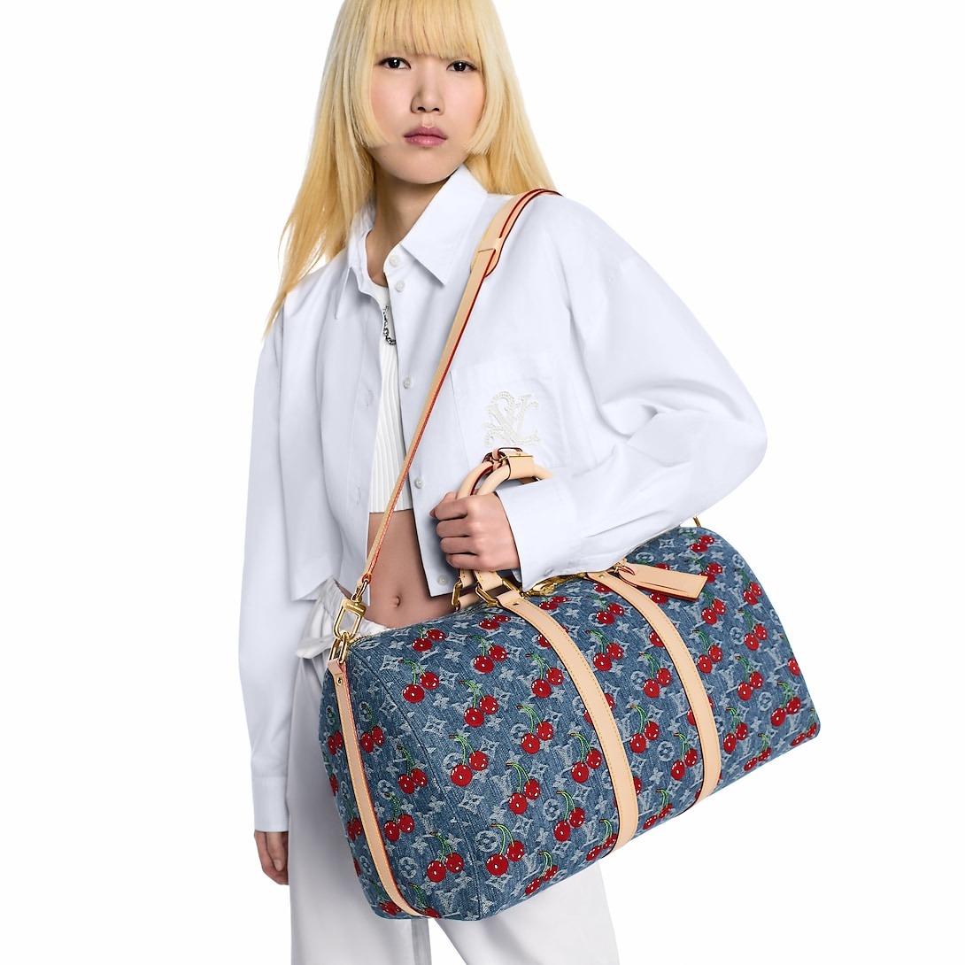 [True-to-ORIGINAL] L0vis Vvtt0n LV x TM Keepall Bandoulière 45 Cherry Denim 17.7in/45 cm M13875