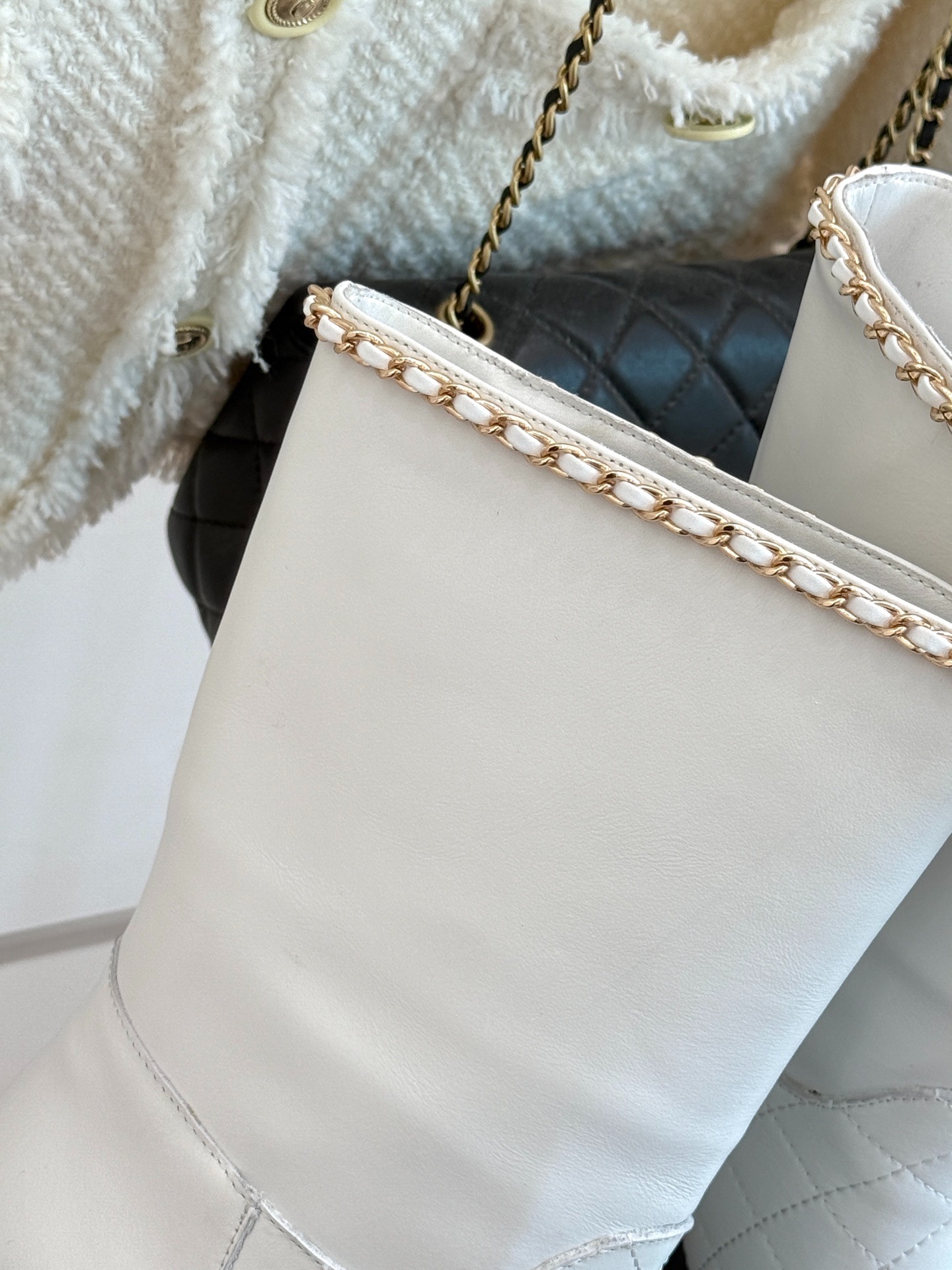 Ch**el Double C Chunky Heel Boots With Chain Detail White For Women