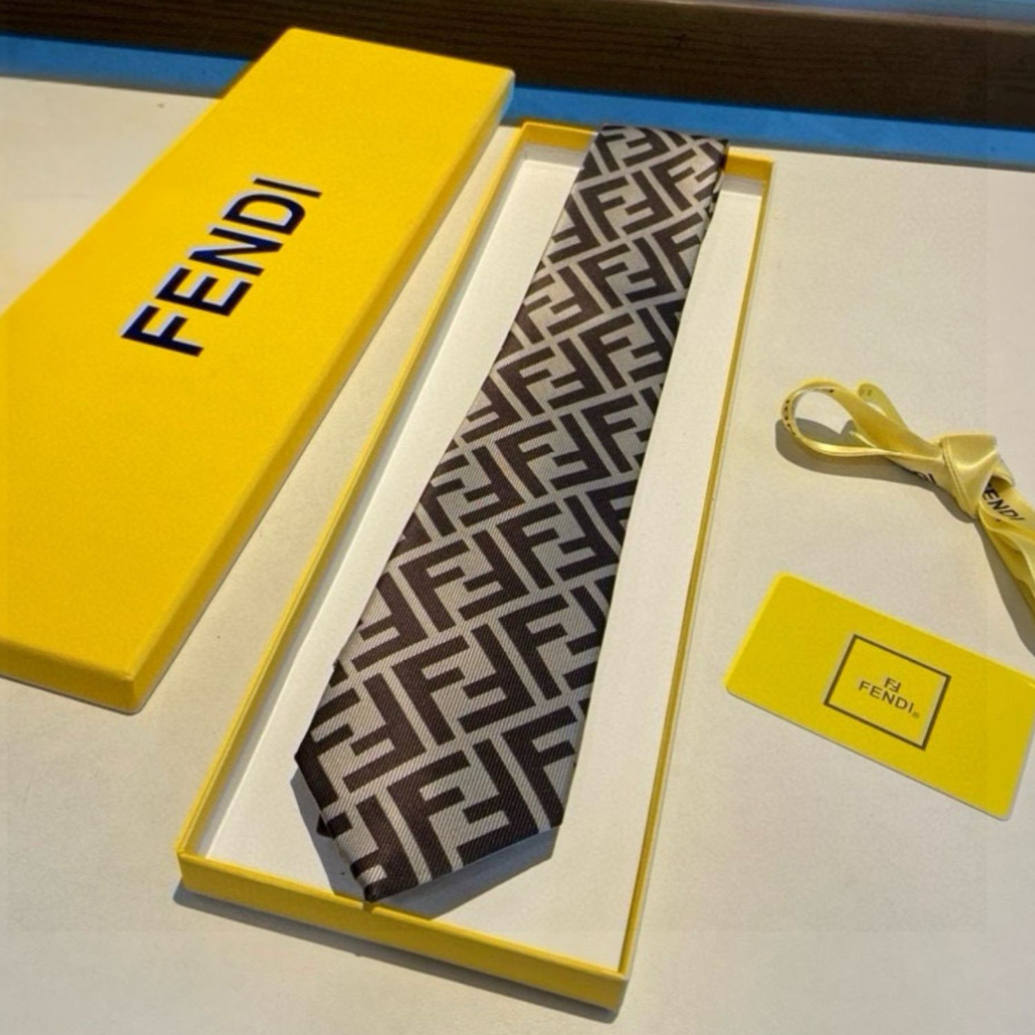 F**di FF Logo Silk Tie in Beige And Dark Brown For Men