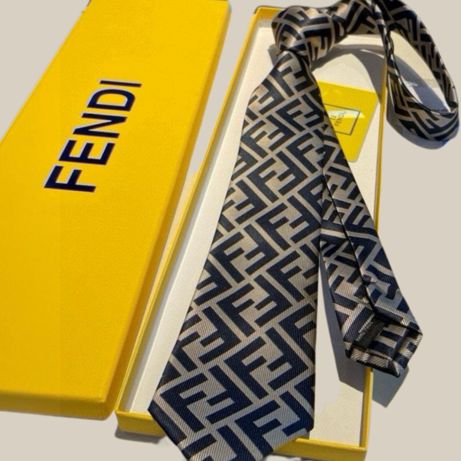 F**di FF Logo Silk Tie in Navy and Beige For Men