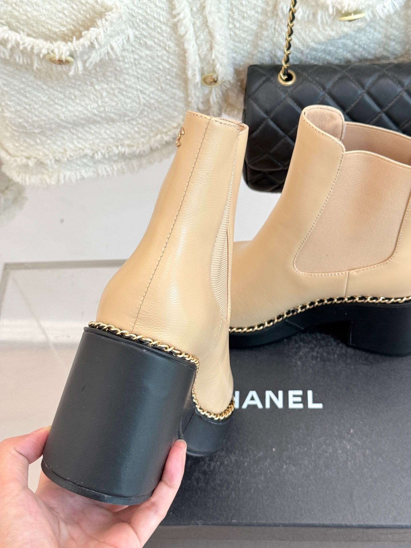 Ch**el Chelsea Chunky Heel Boots Two Tone Beige And Black For Women