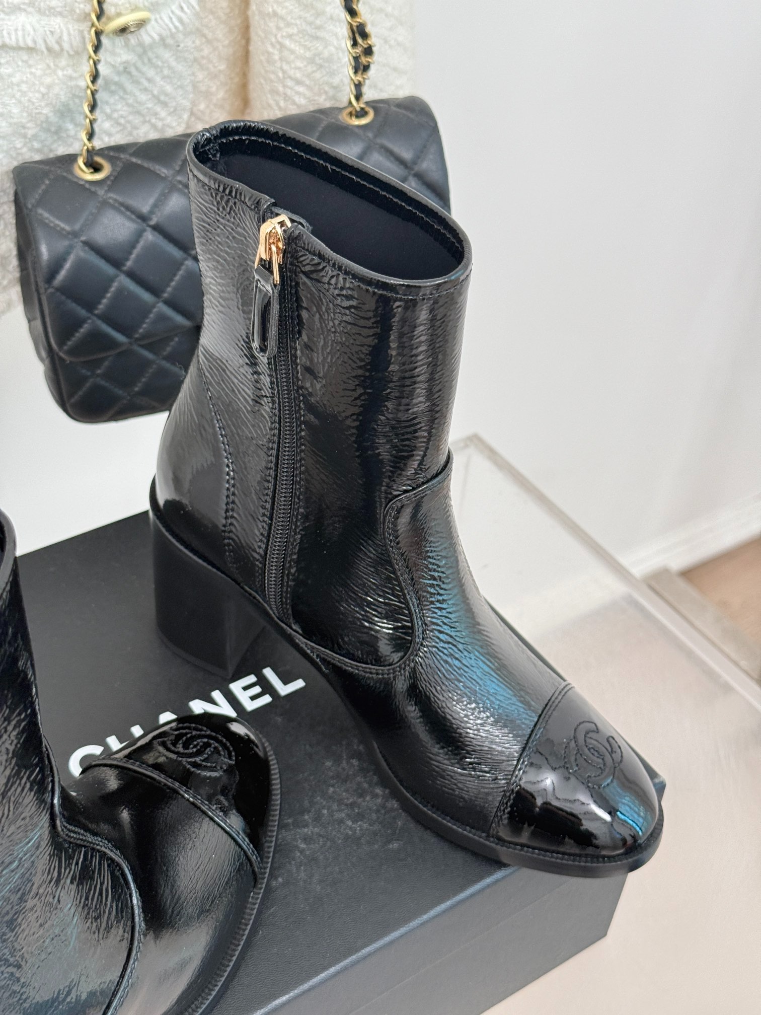 Ch**el Glossy Chunky Ankle Heel Boots Black 7cm/2.8in For Women