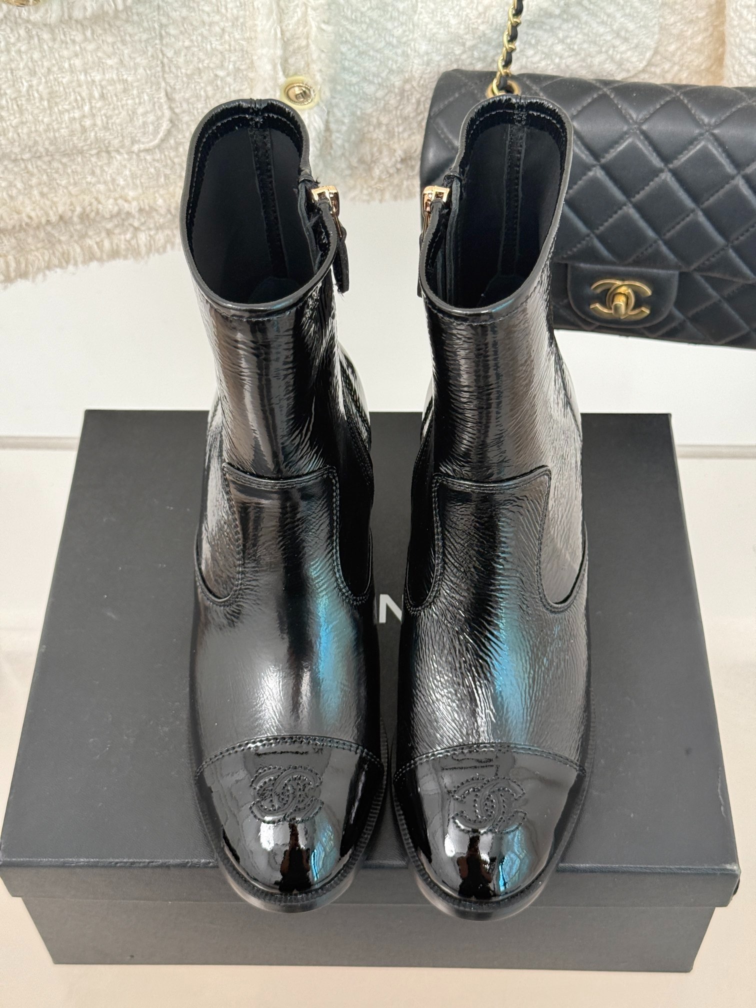 Ch**el Glossy Chunky Ankle Heel Boots Black 7cm/2.8in For Women