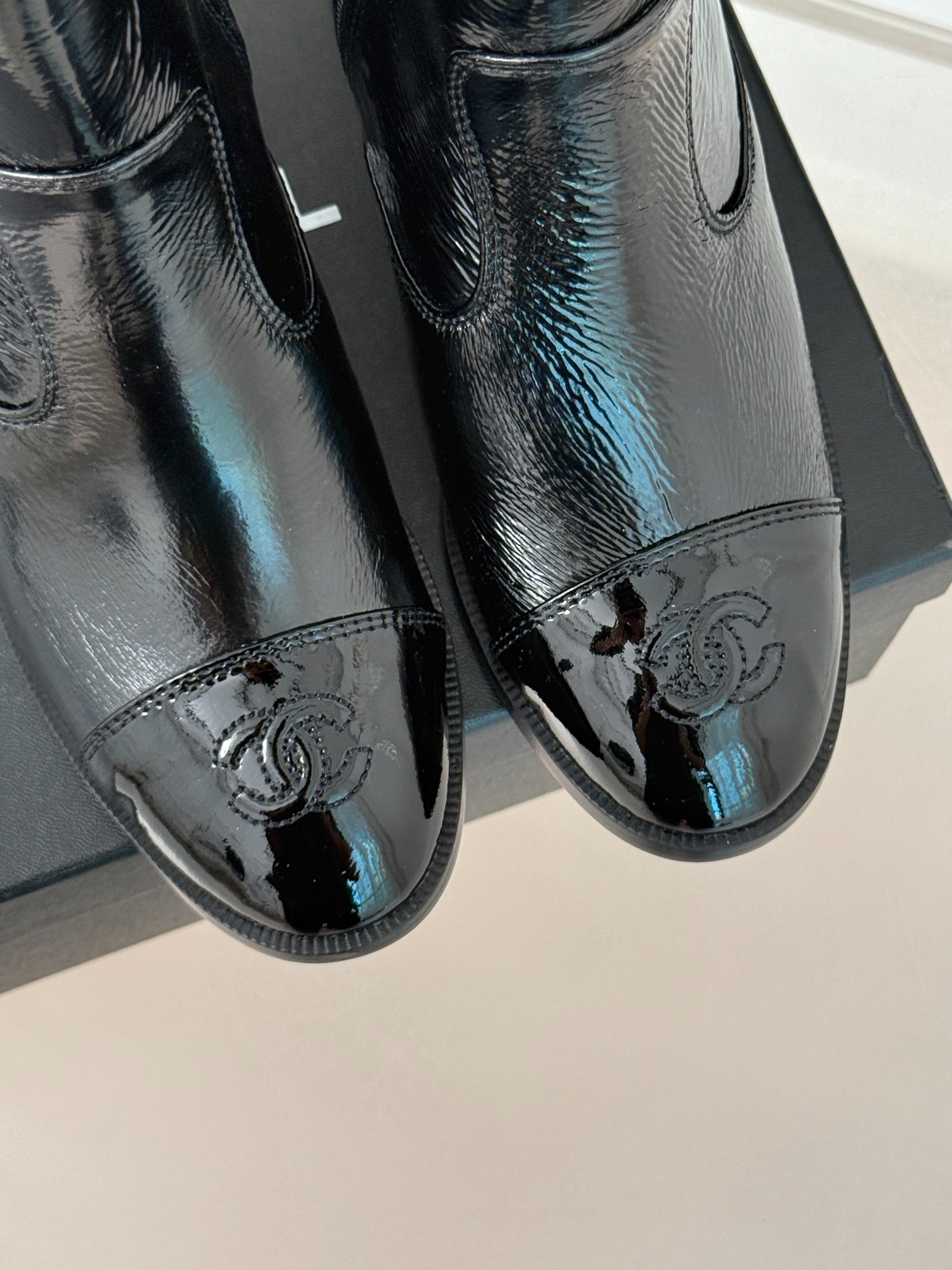 Ch**el Glossy Chunky Ankle Heel Boots Black 7cm/2.8in For Women