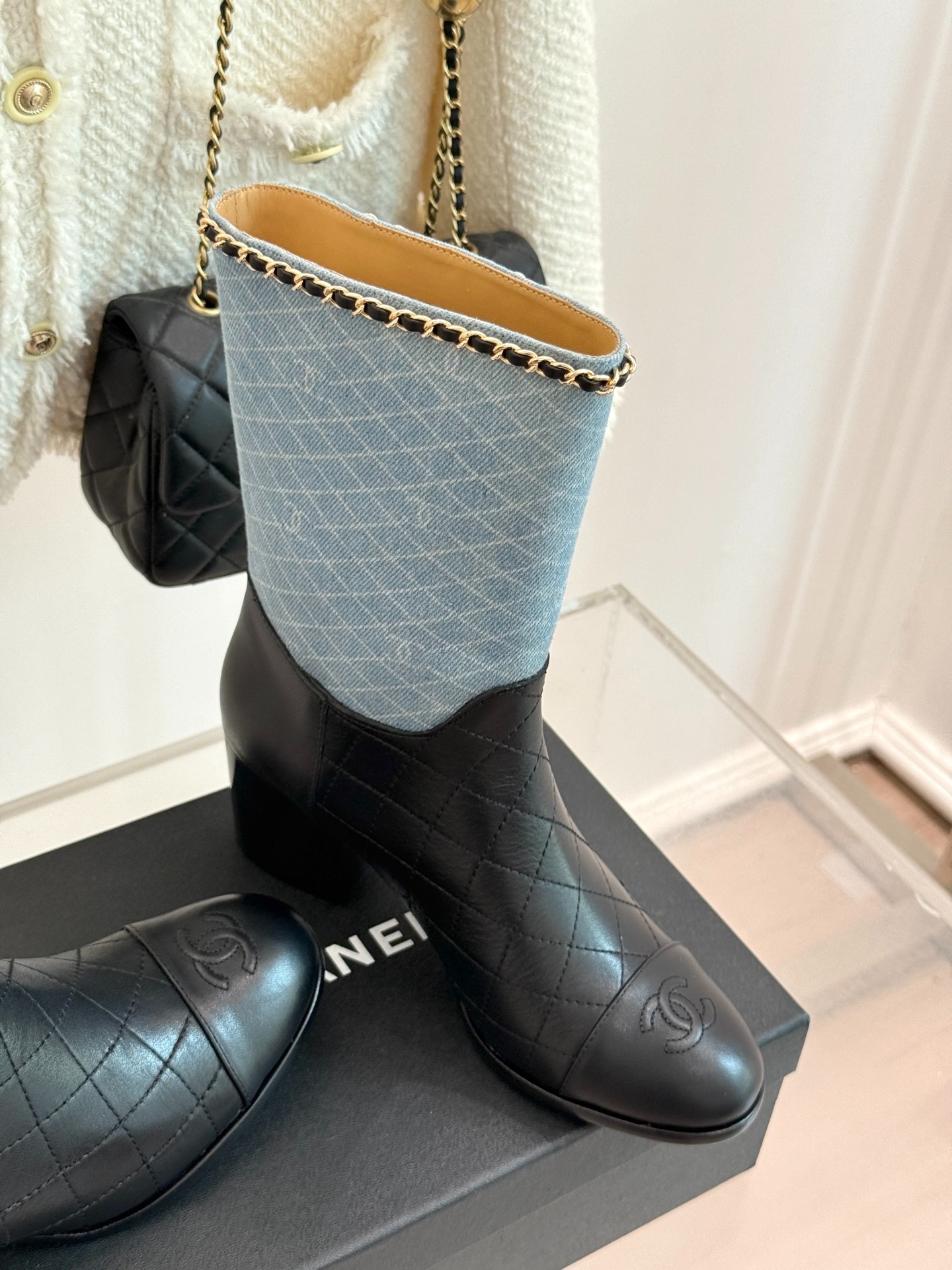 Ch**el Double C Chunky Heel Boots With Chain Detail Light Blue Denim For Women