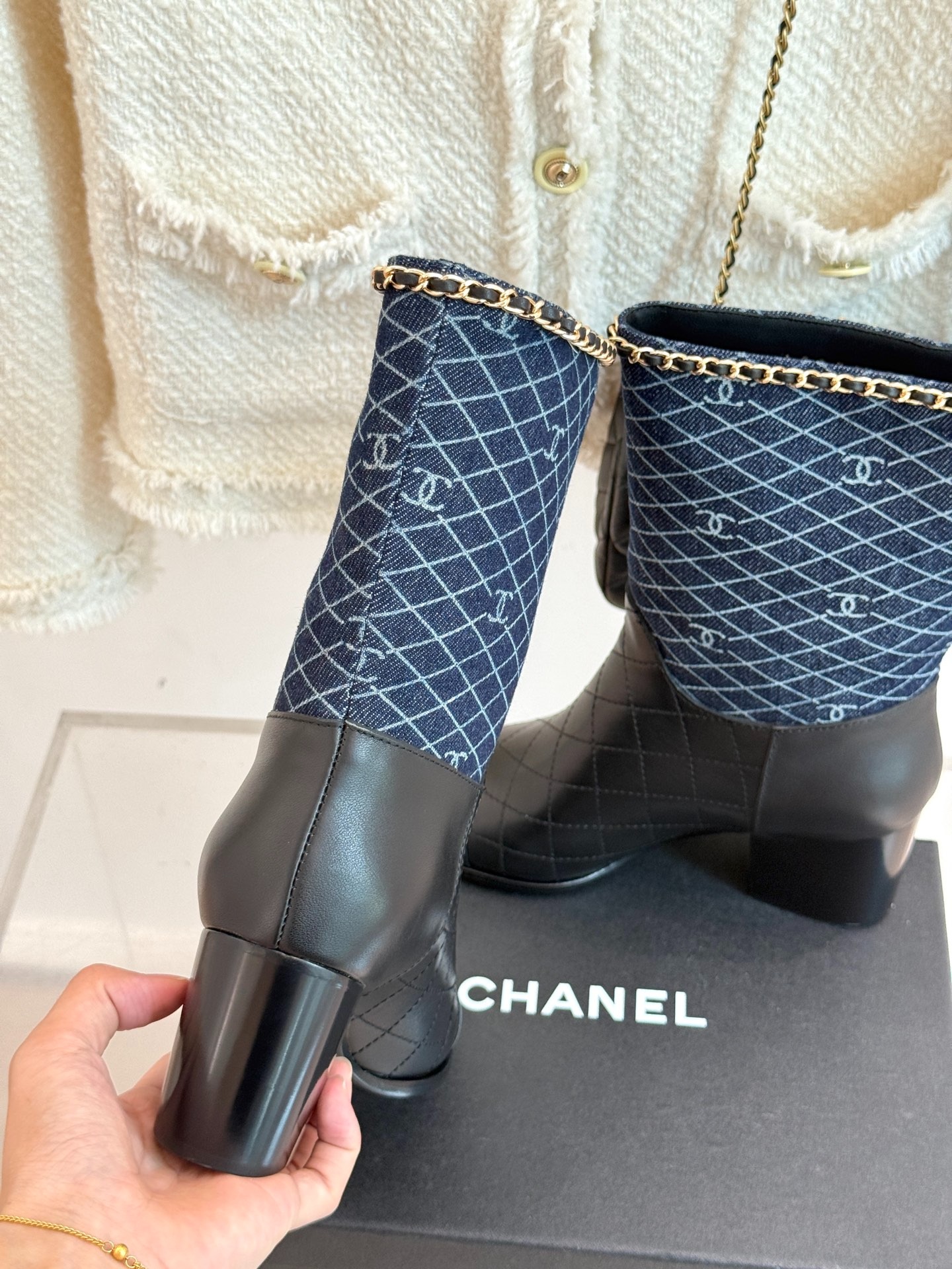 Ch**el Double C Chunky Heel Boots With Chain Detail Blue Denim For Women