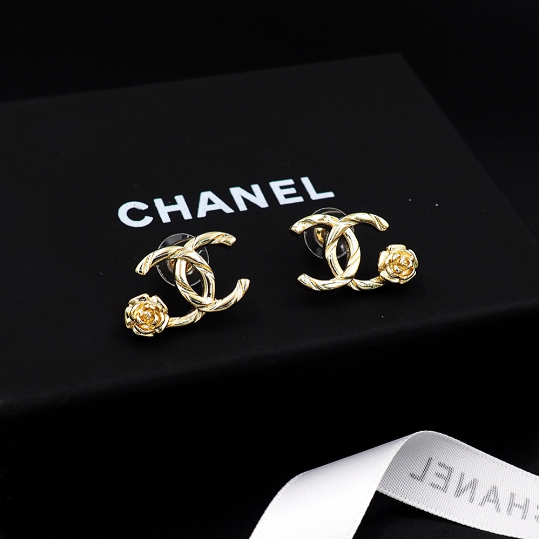 Ch**el CC Logo Earrings With Camellia Flower Detail Gold For Women
