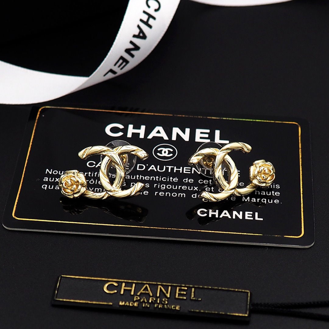 Ch**el CC Logo Earrings With Camellia Flower Detail Gold For Women