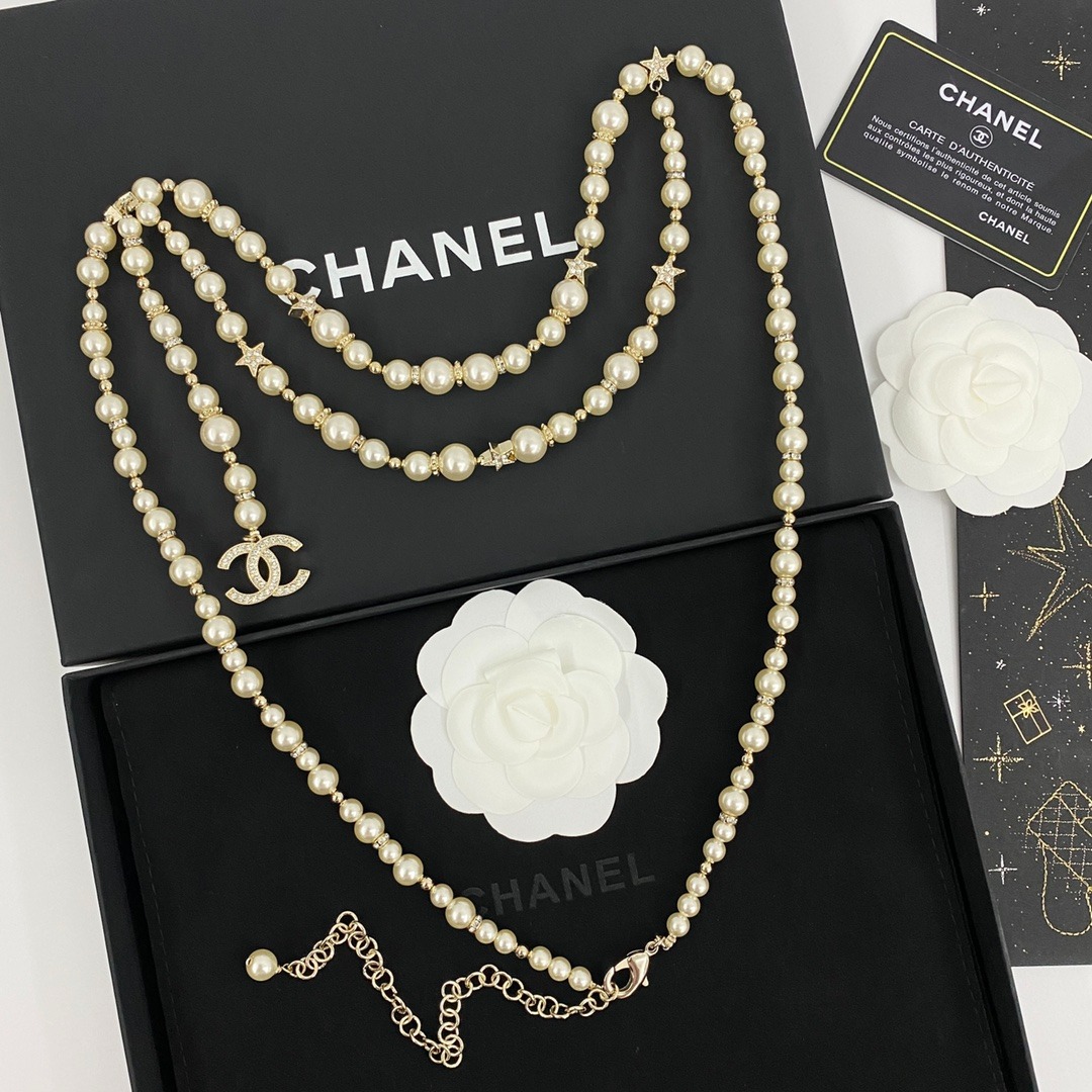 Ch**el Pearl Chain With Crystal Logo Charm Gold For Women