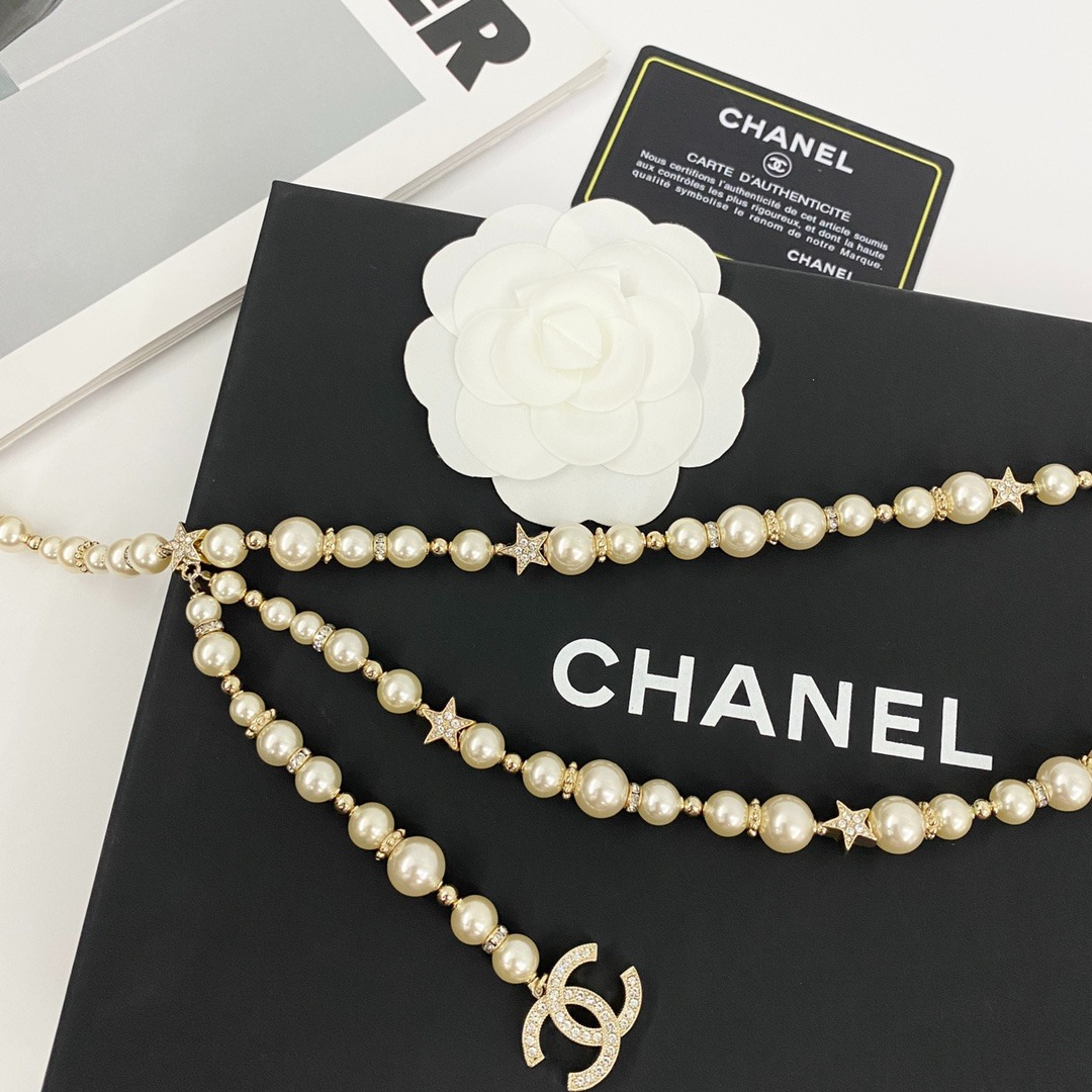 Ch**el Pearl Chain With Crystal Logo Charm Gold For Women
