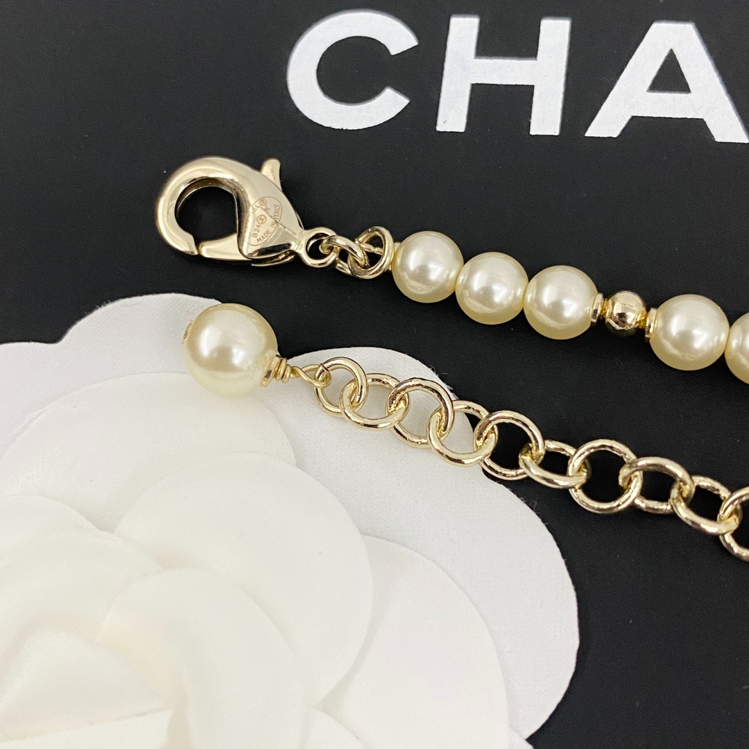Ch**el Pearl Chain With Crystal Logo Charm Gold For Women