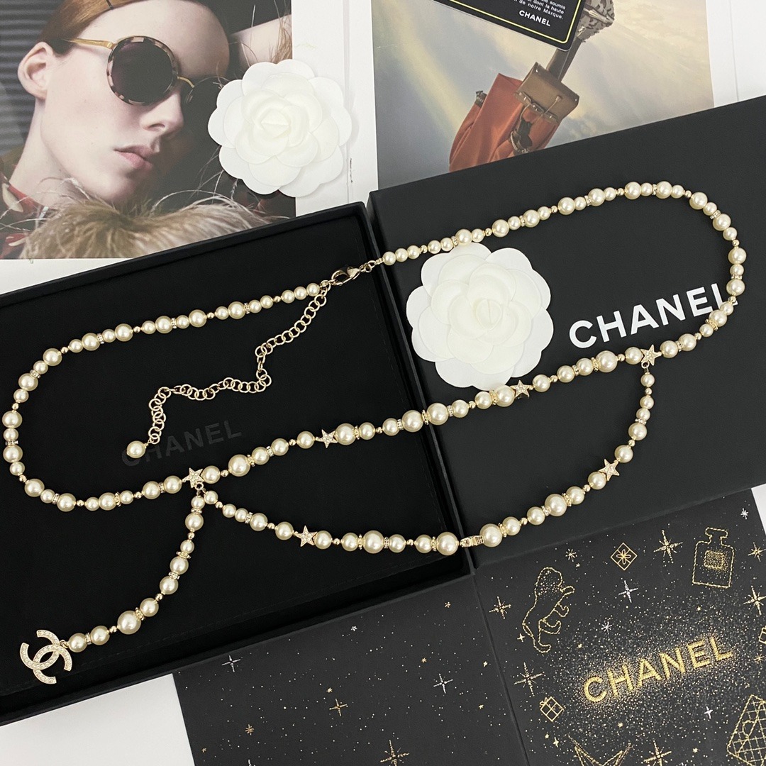Ch**el Pearl Chain With Crystal Logo Charm Gold For Women