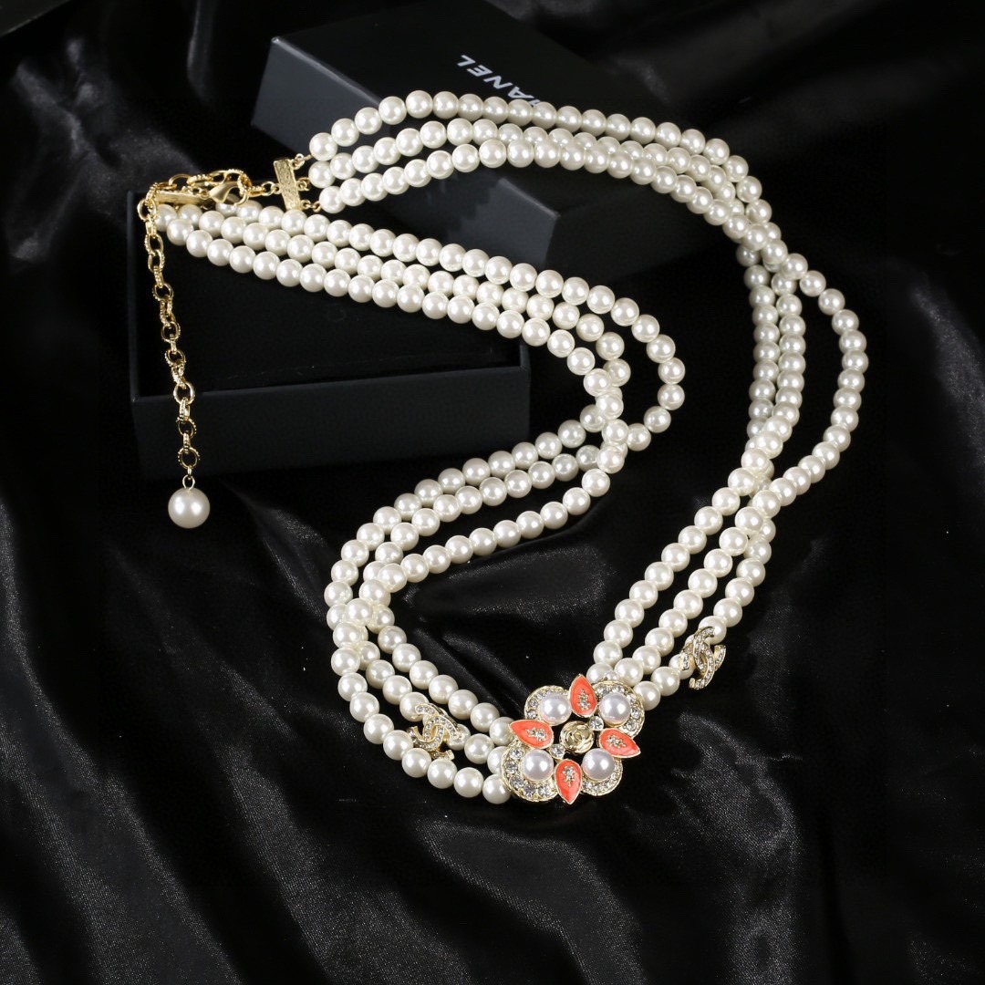 Ch**el Triple-Strand Pearl & Floral Gold-Toned For Women