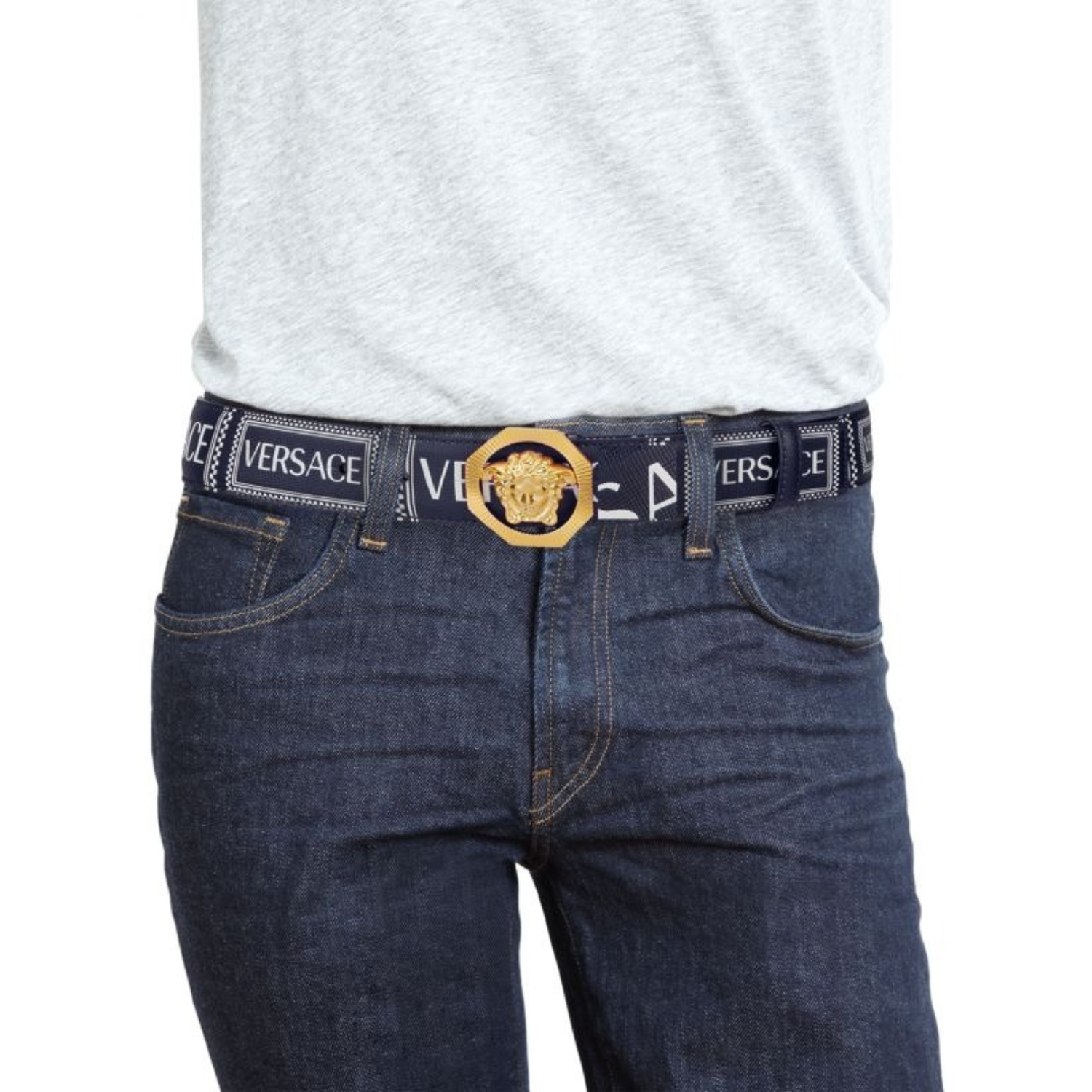 Versace Medusa Buckle Logo Leather Belt Navy 4cm For Men