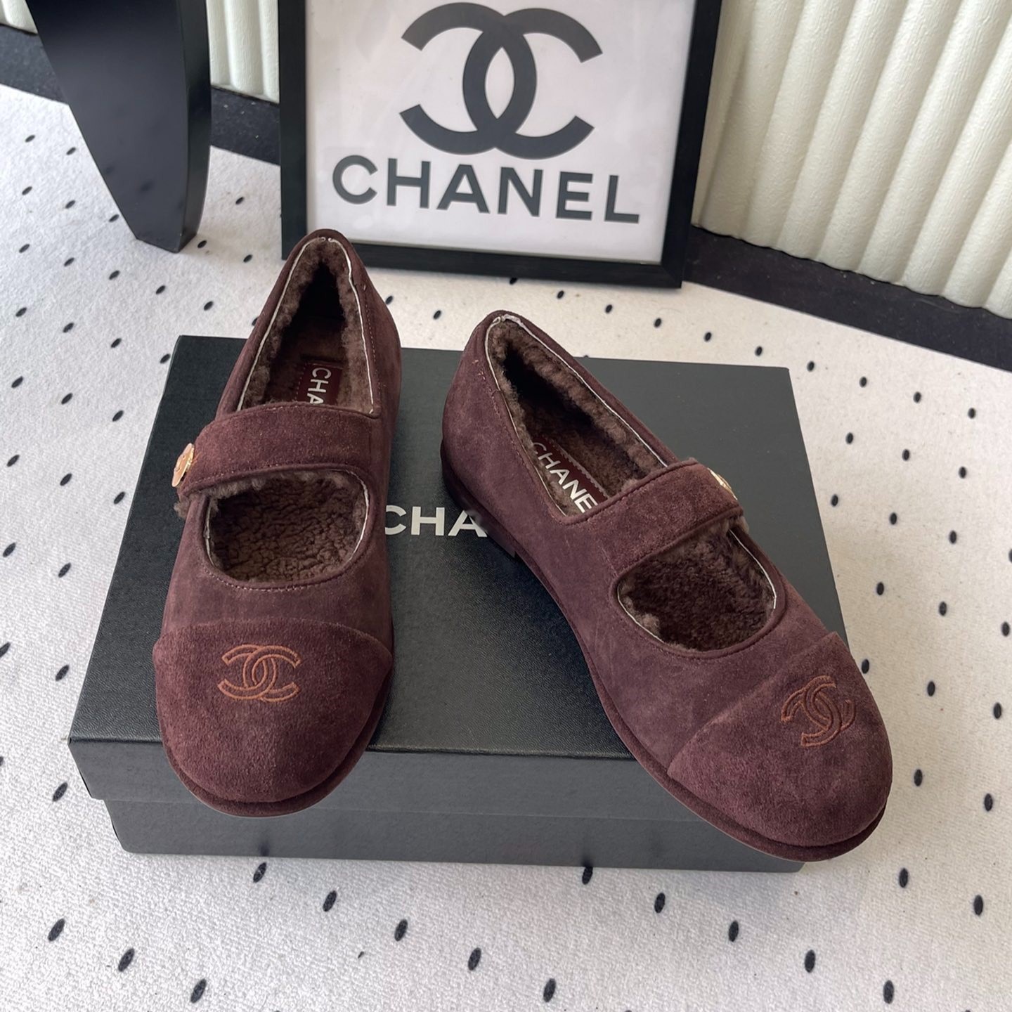 Ch**el Mary Jane Flats Burgundy Suede Shearling For Women