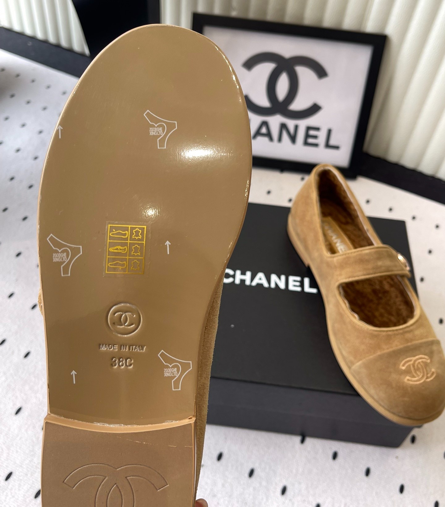 Ch**el Mary Jane Flats Tan Suede Shearling For Women