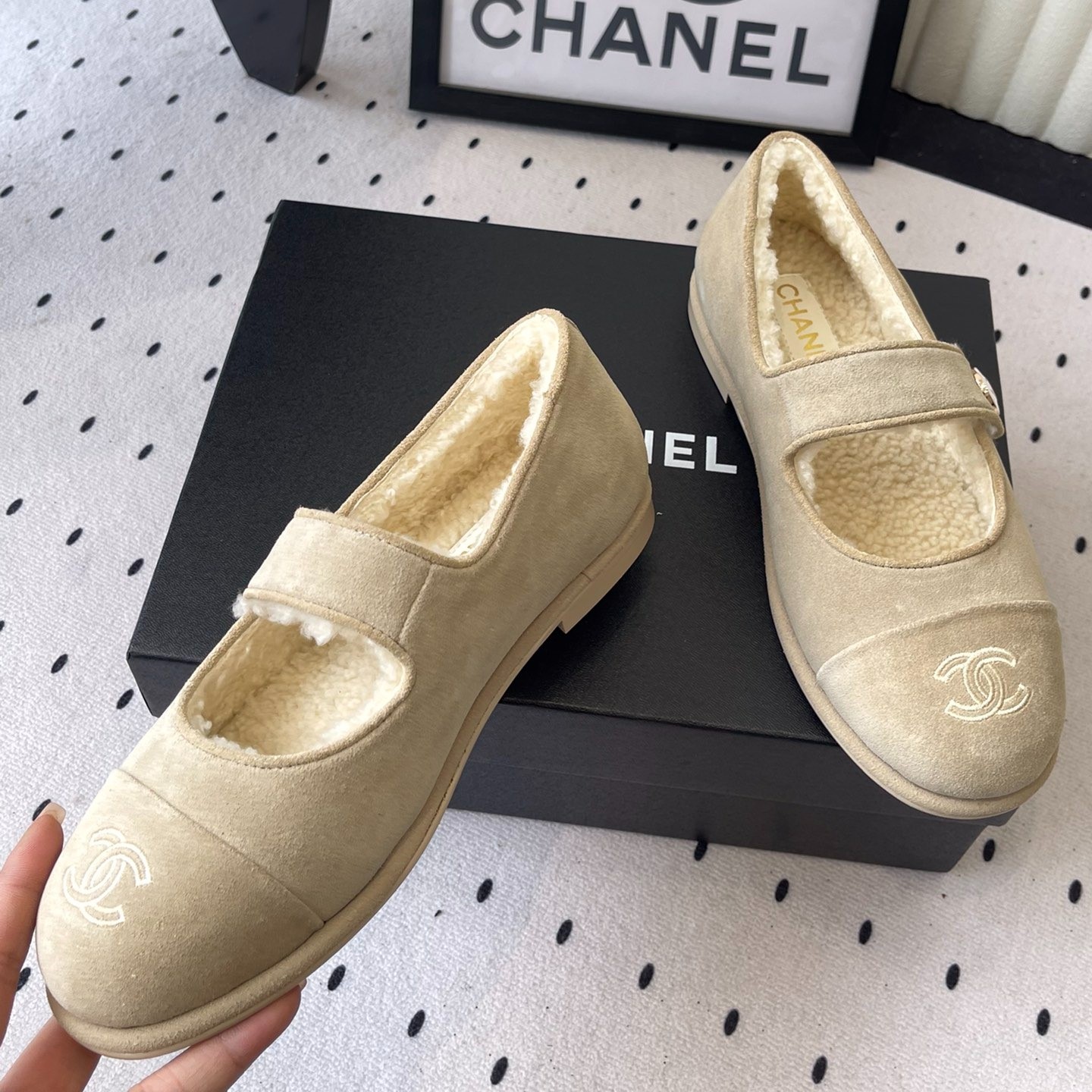 Ch**el Mary Jane Flats Beige Suede Shearling For Women