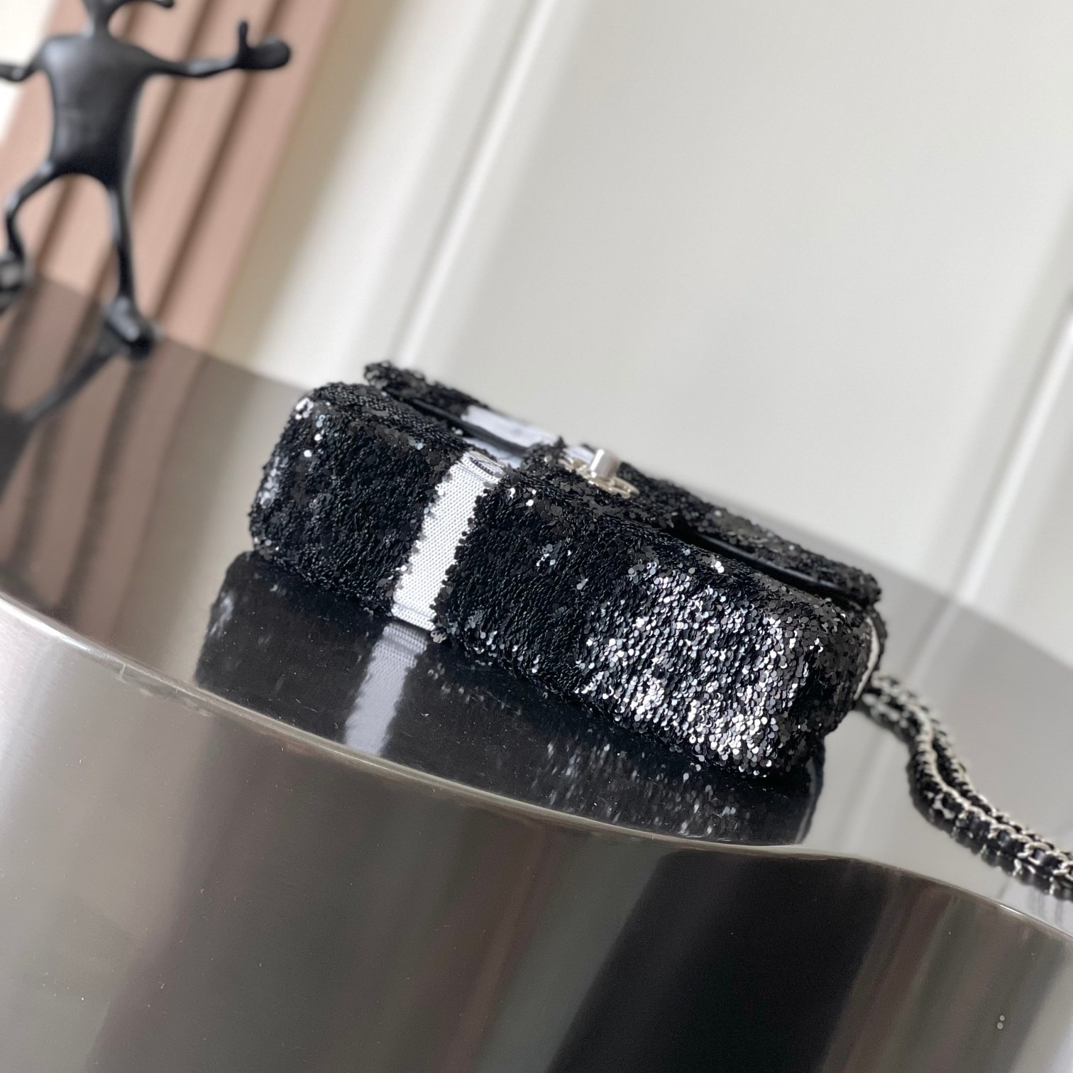 [True-to-ORIGINAL] Ch**el Sequin Bow Mini Flap Bag Black For Women 7.9in/20cm