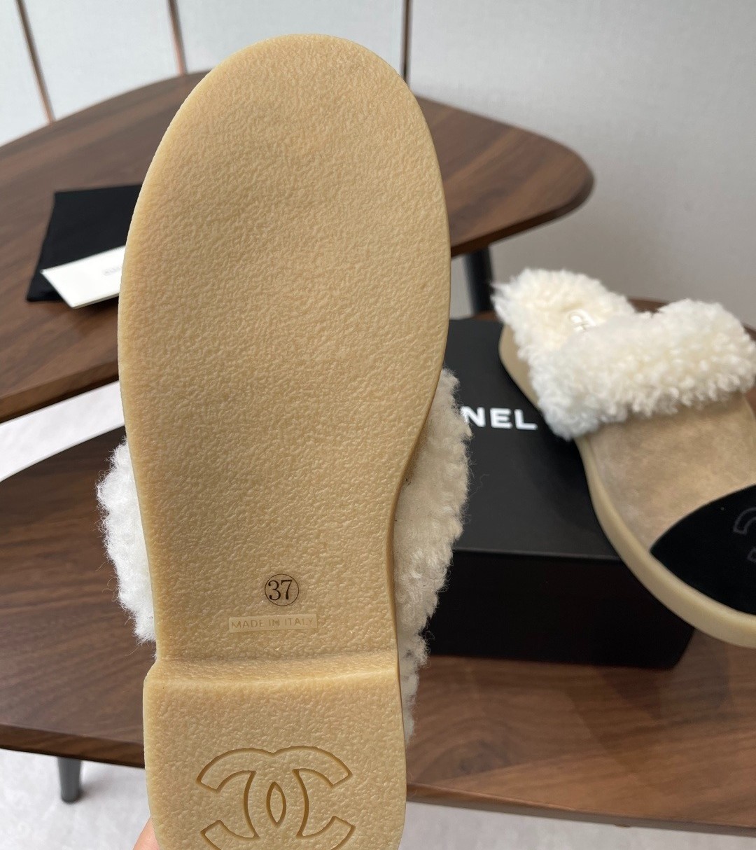 Ch**el Shearling Two-Tone Mules Beige/Black For Women