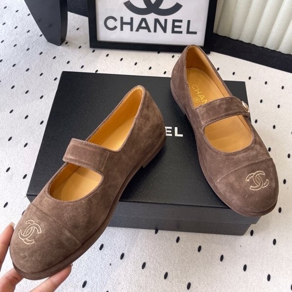 Ch**el Mary Jane Flats Brown Suede For Women