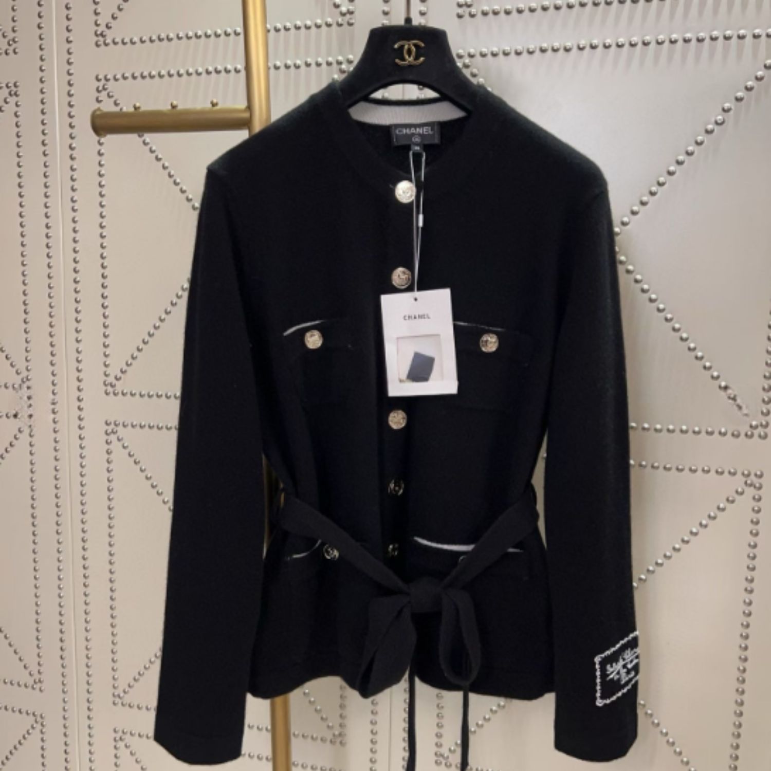 Ch**el Belted Jacket With Signature Buttons Black For Women