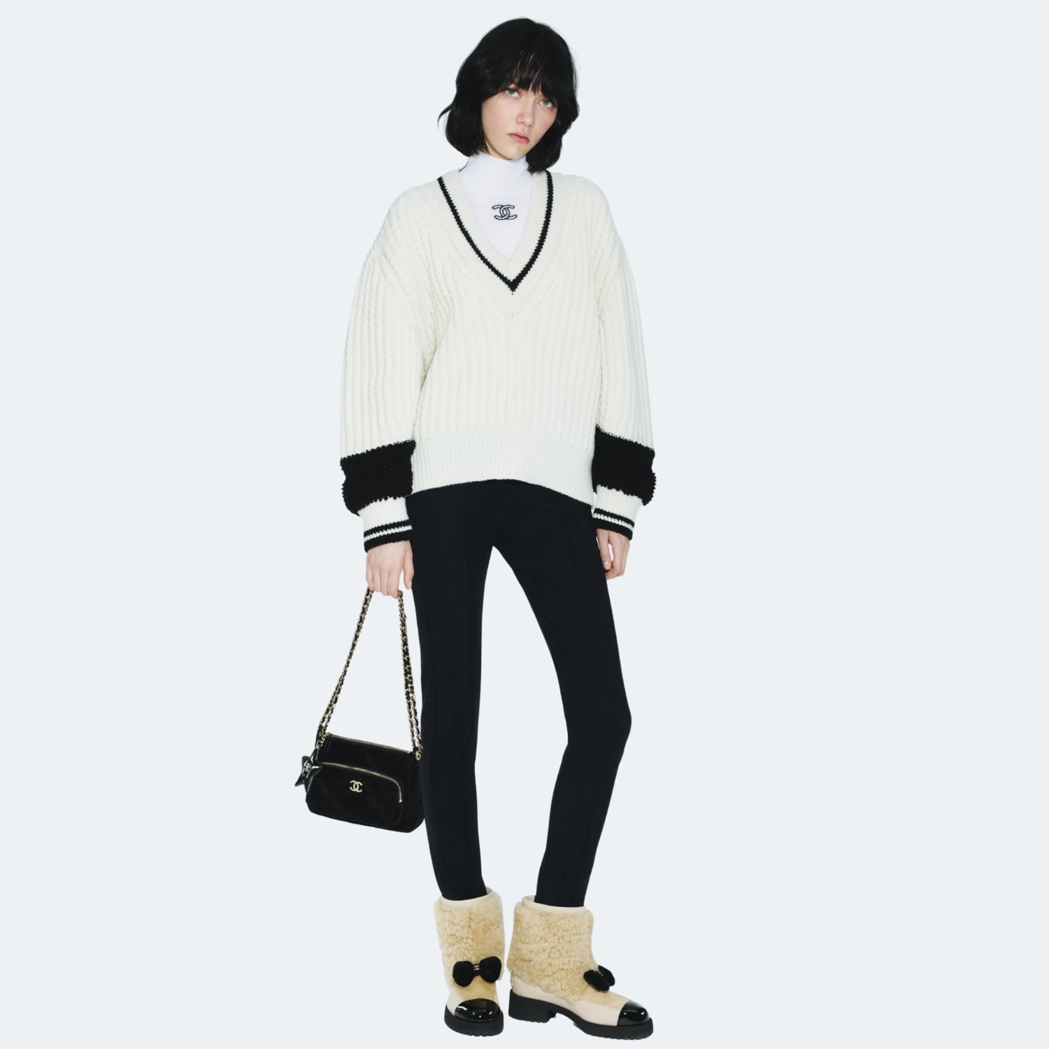 Ch**el Shearling Ankle Short Boots Beige And Black 44mm For Women – G46636-B21528-U2879