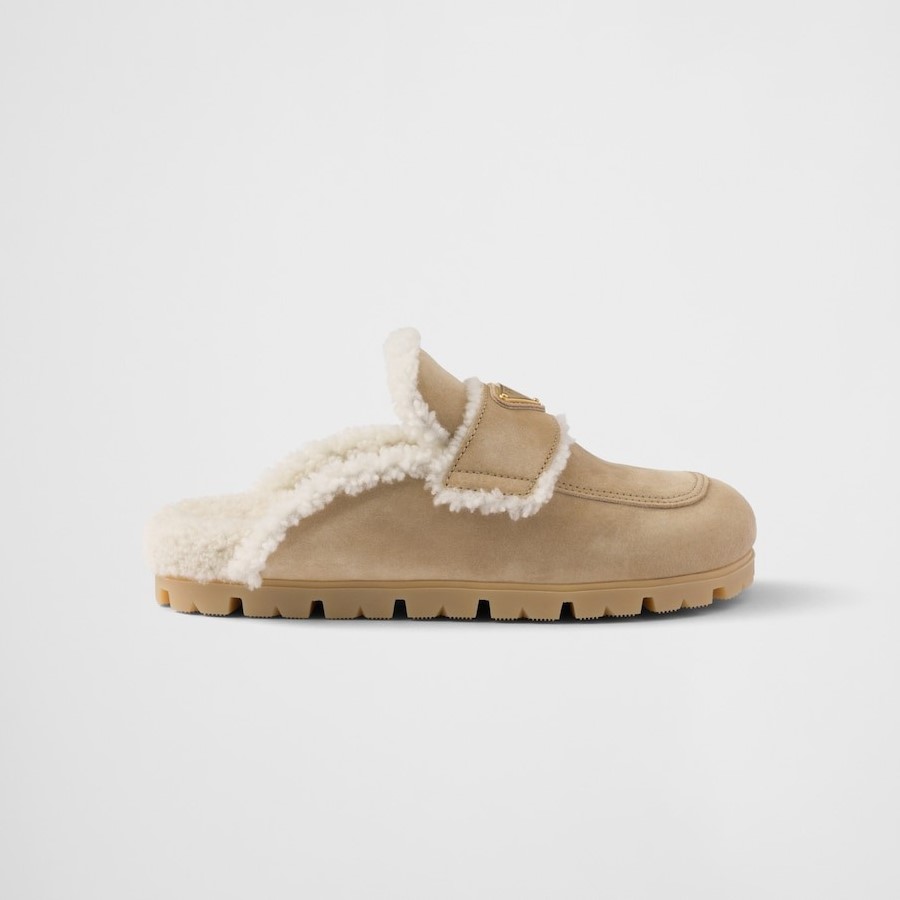 Pra*a Suede And Shearling Slippers Ecru For Women 1S711M_X0O_F0379_F_ZG20