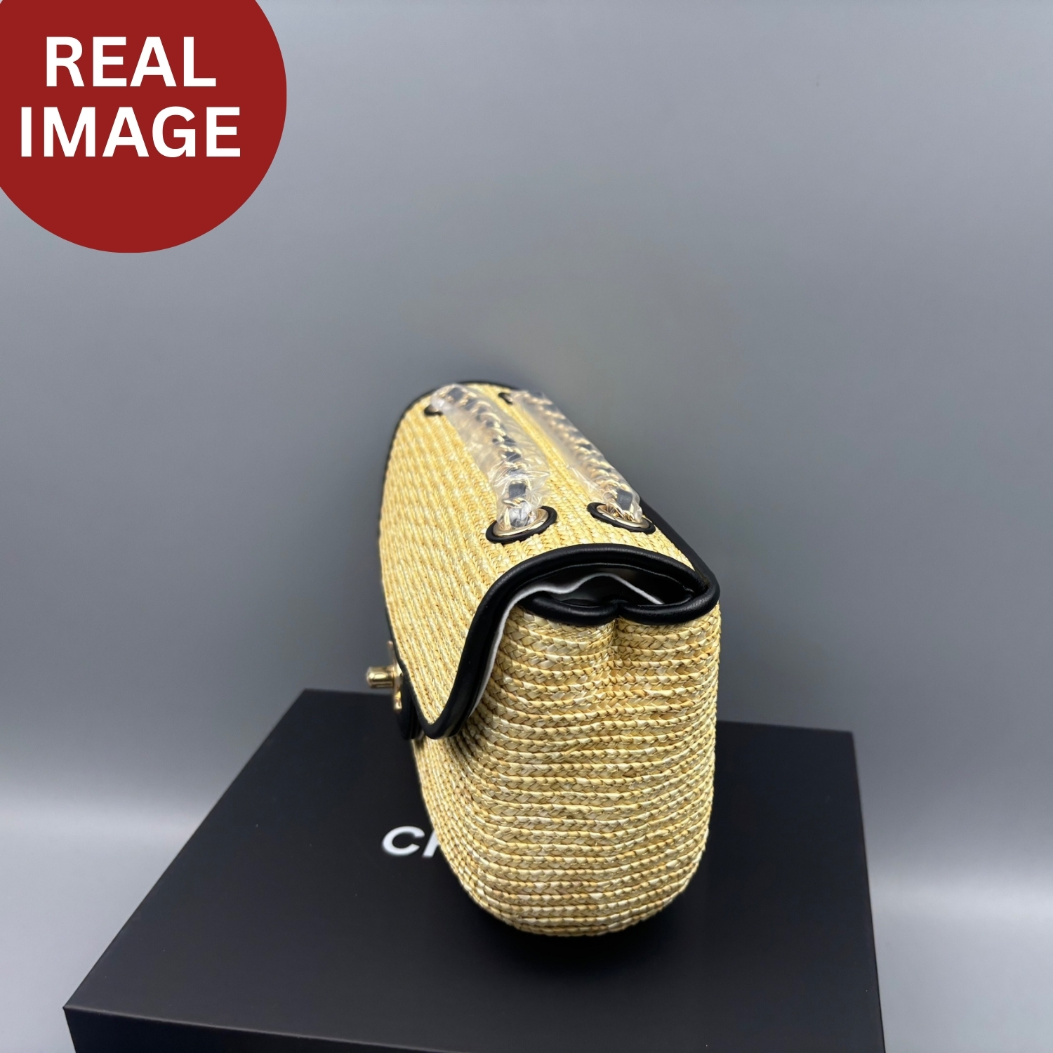 Ch**el Small Flap Bag Dark Beige/Black Straw For Women 9.1in/23cm