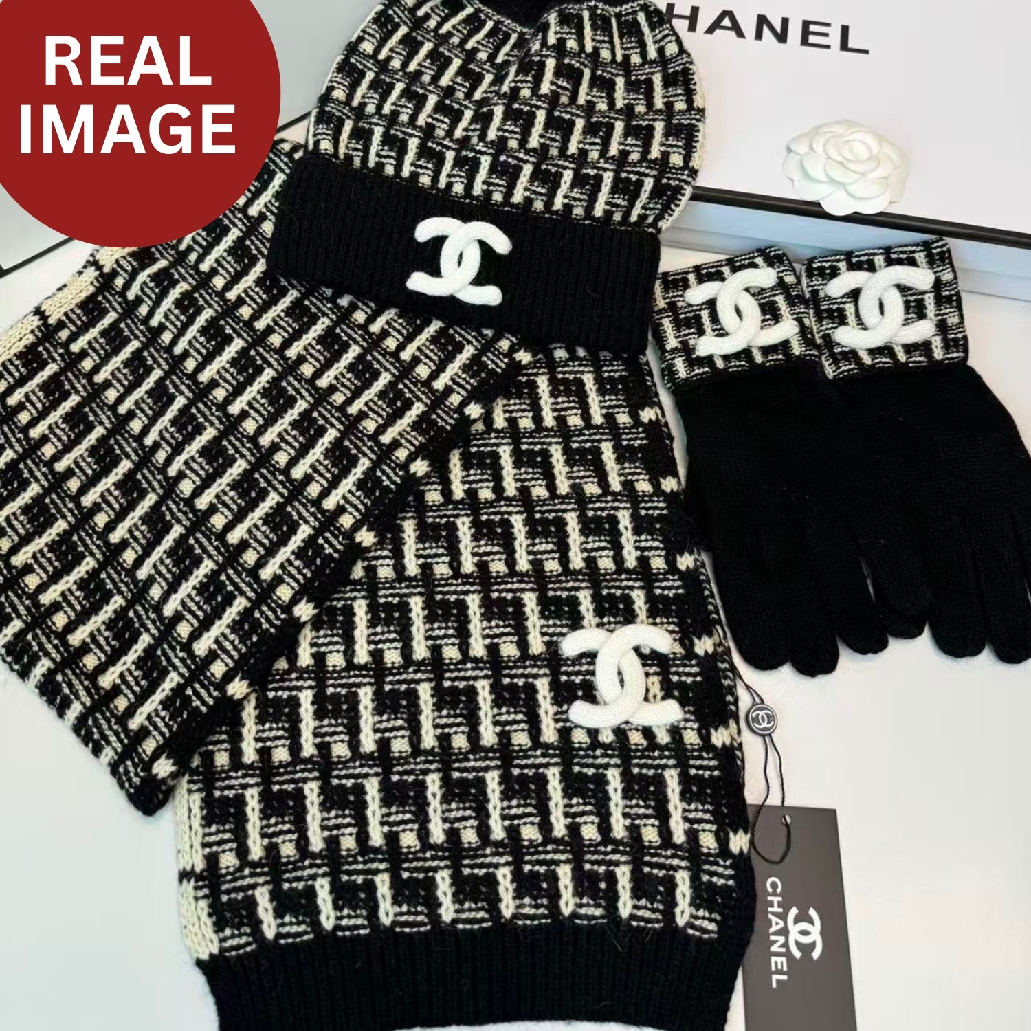 Ch**el Winter Set – Hat, Scarf And Gloves Black For Women
