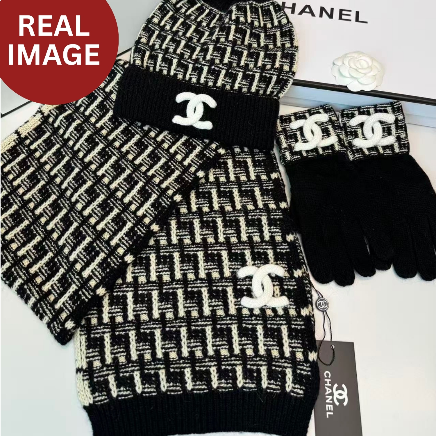 Ch**el Winter Set – Hat, Scarf And Gloves Black For Women