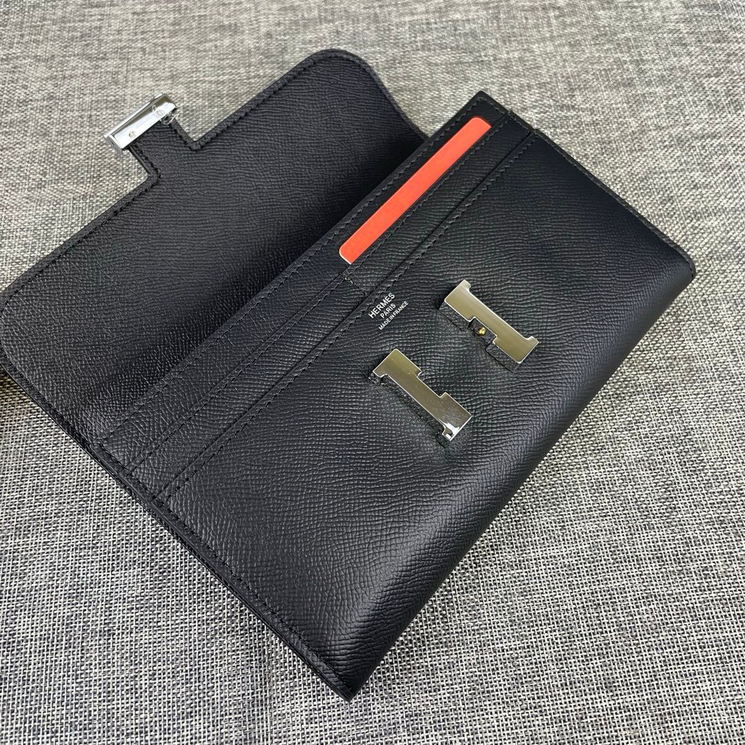 H**me5 Constance Togo Long Wallet 20cm/7.9in Silver Toned Hardware For Women Black