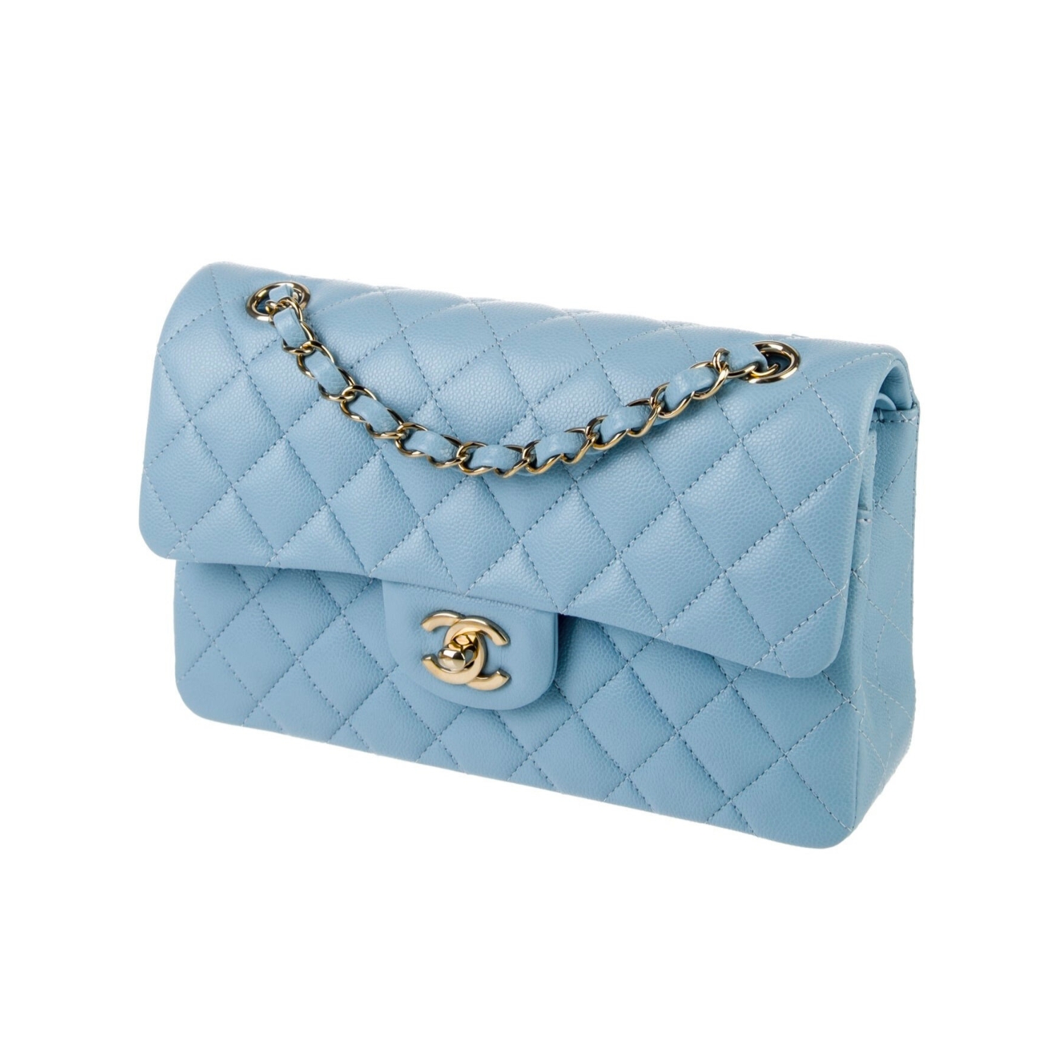 [True-to-ORIGINAL] Ch**el Small Classic Double Flap Bag Light Blue Gold-toned For Women 9.1in/23cm